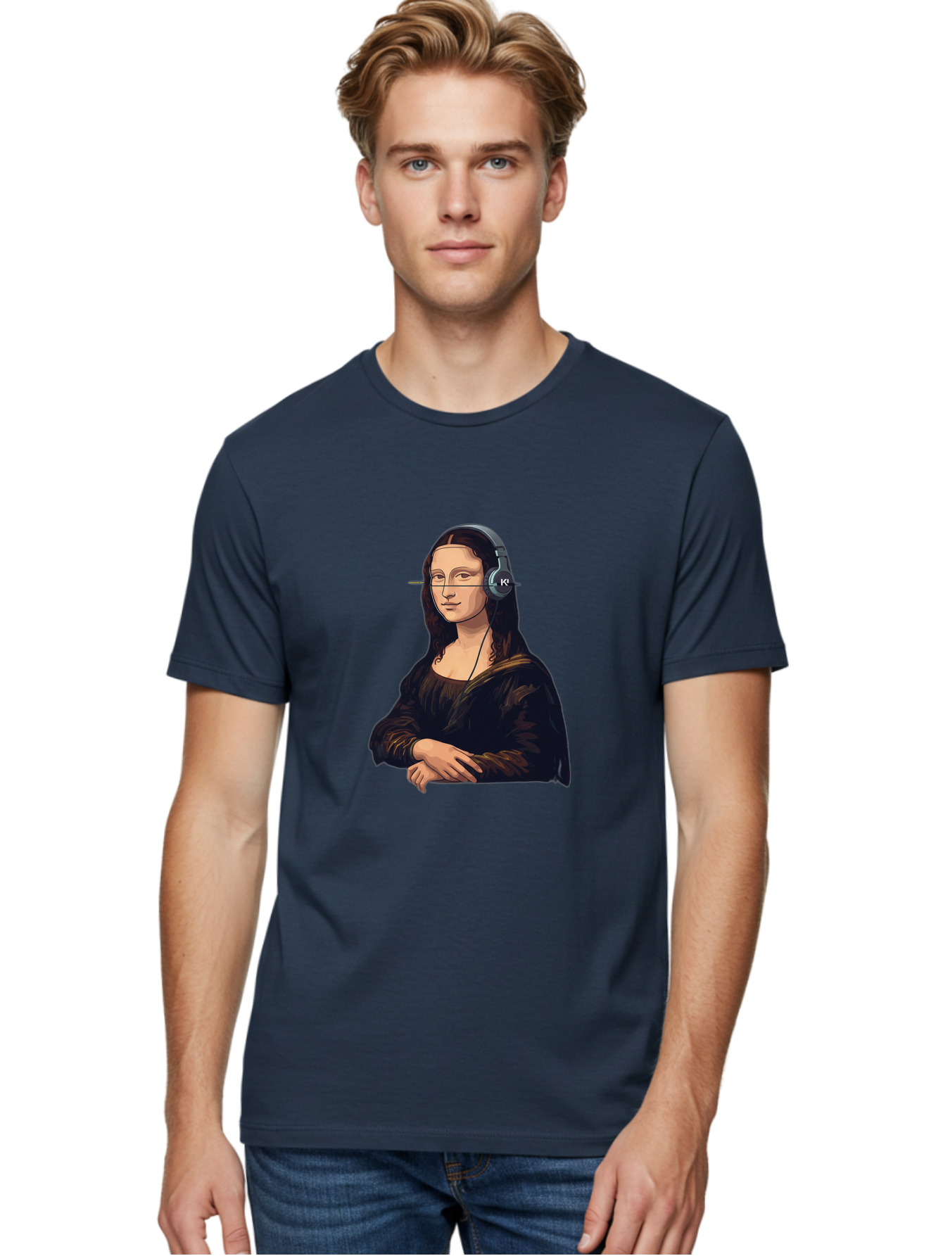 Mona-Lisa-With-Headphones-5 Men'S Graphic Tee, 100% Cotton, Comfortable Casual Summer Wear, Machine Washable, Vintage Camera, Old Camera, Antique Camera, Black Camera, Classic Photography, Photography Equipment, Nostalgic Device, Film Camera, Bam911