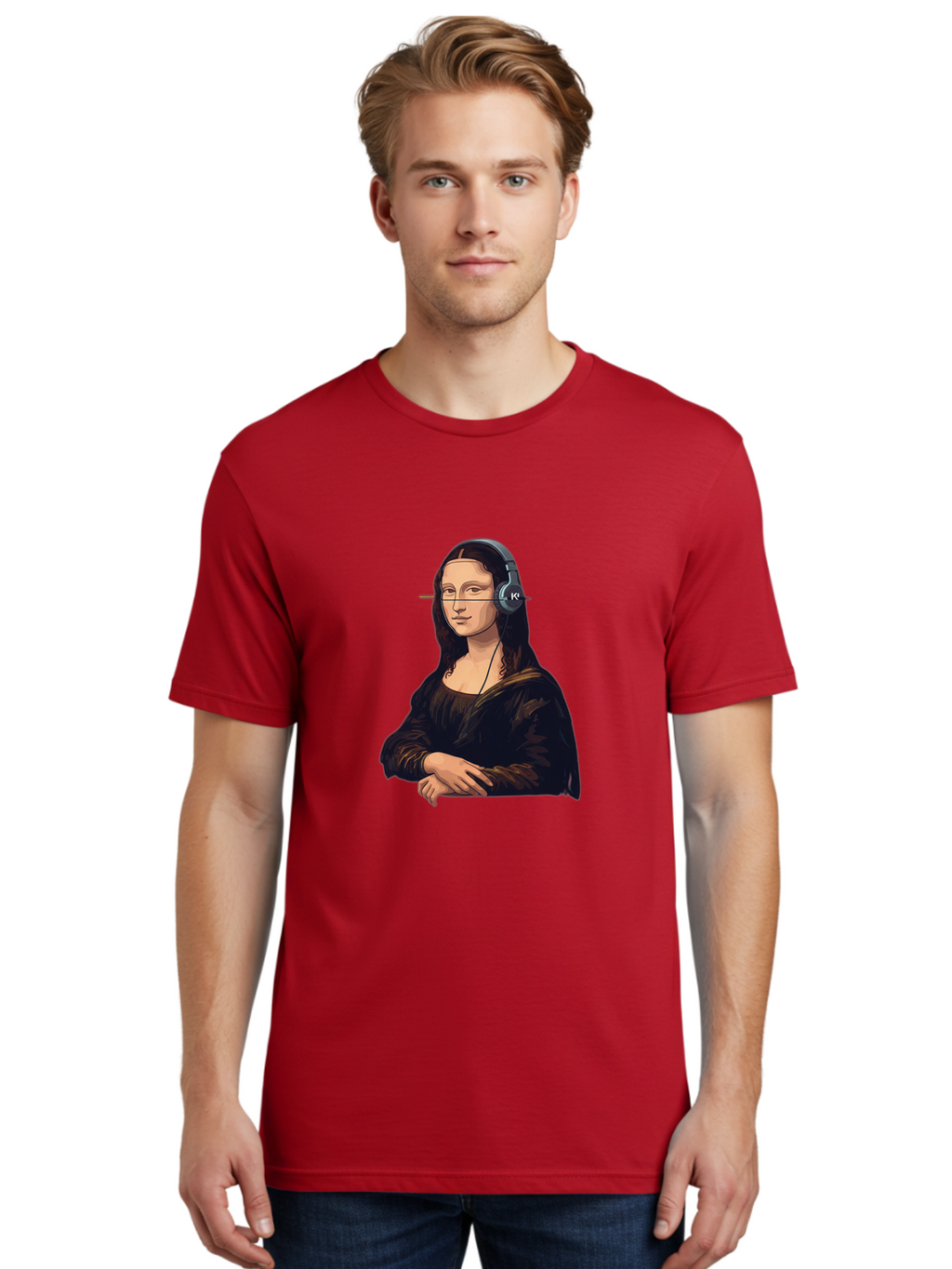 Mona-Lisa-With-Headphones-5 Men'S Graphic Tee, 100% Cotton, Comfortable Casual Summer Wear, Machine Washable, Vintage Camera, Old Camera, Antique Camera, Black Camera, Classic Photography, Photography Equipment, Nostalgic Device, Film Camera, Bam911
