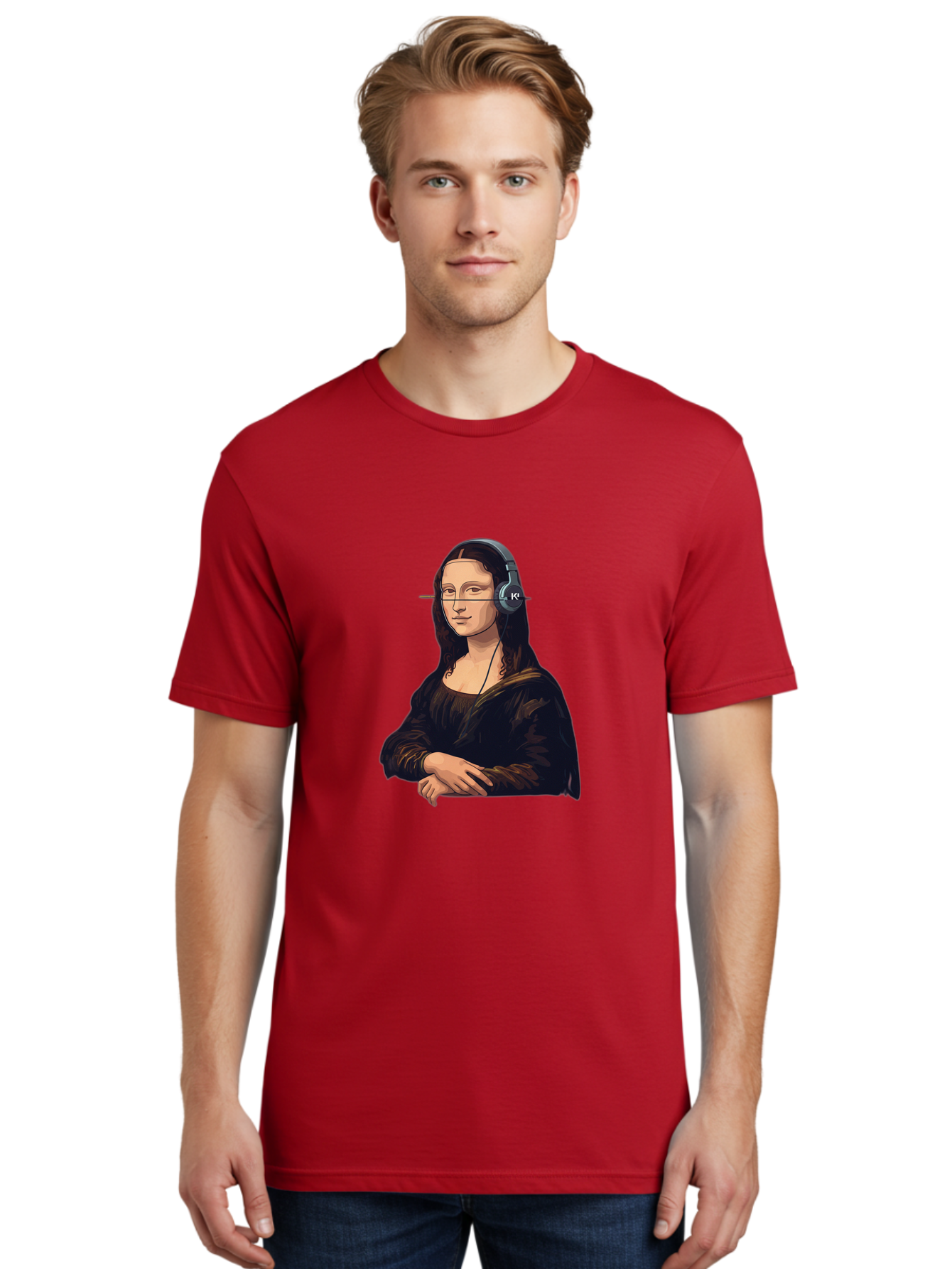Mona-Lisa-With-Headphones-5 Men'S Graphic Tee, 100% Cotton, Comfortable Casual Summer Wear, Machine Washable, Vintage Camera, Old Camera, Antique Camera, Black Camera, Classic Photography, Photography Equipment, Nostalgic Device, Film Camera, Bam911