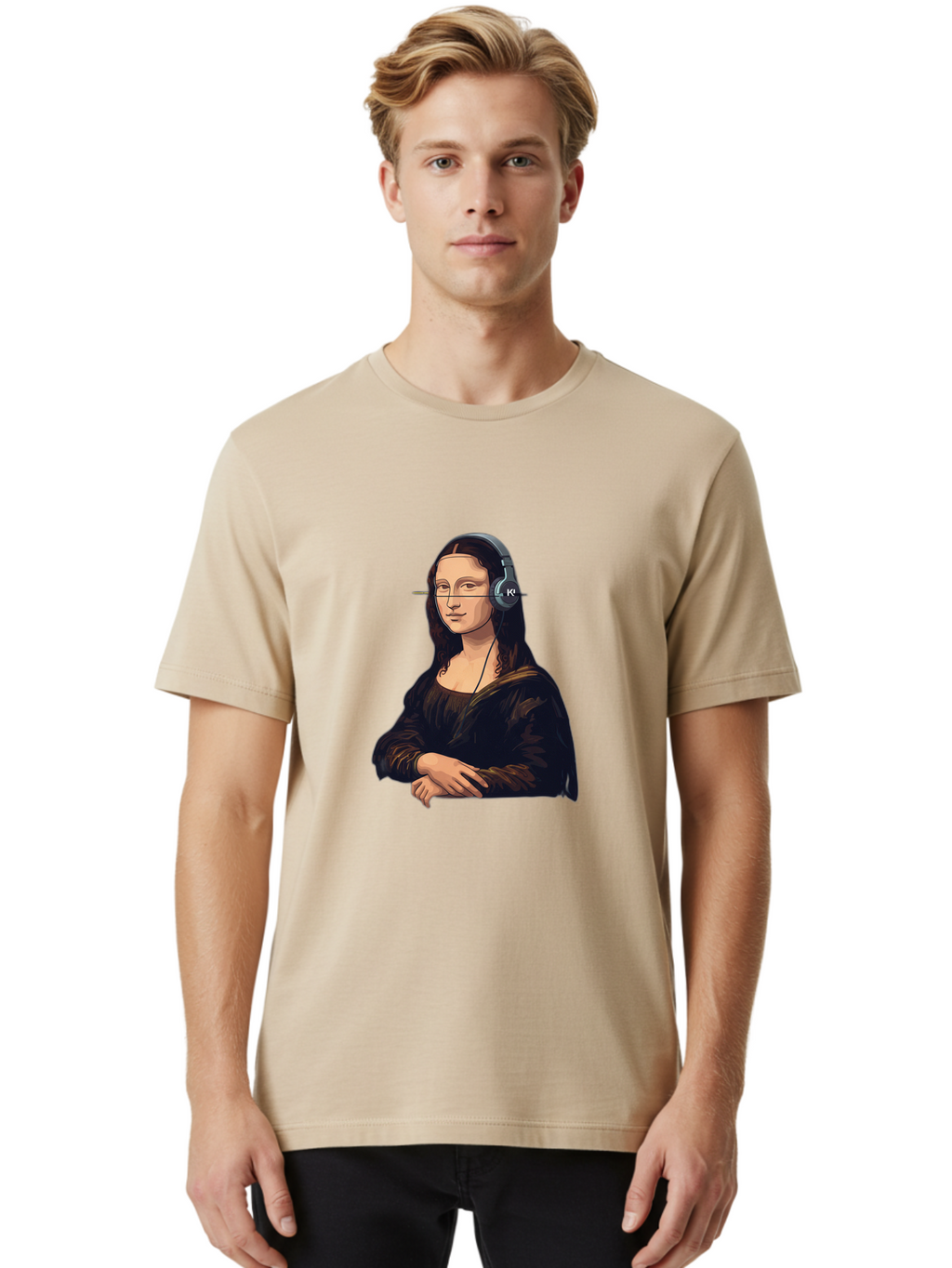 Mona-Lisa-With-Headphones-5 Men'S Graphic Tee, 100% Cotton, Comfortable Casual Summer Wear, Machine Washable, Vintage Camera, Old Camera, Antique Camera, Black Camera, Classic Photography, Photography Equipment, Nostalgic Device, Film Camera, Bam911
