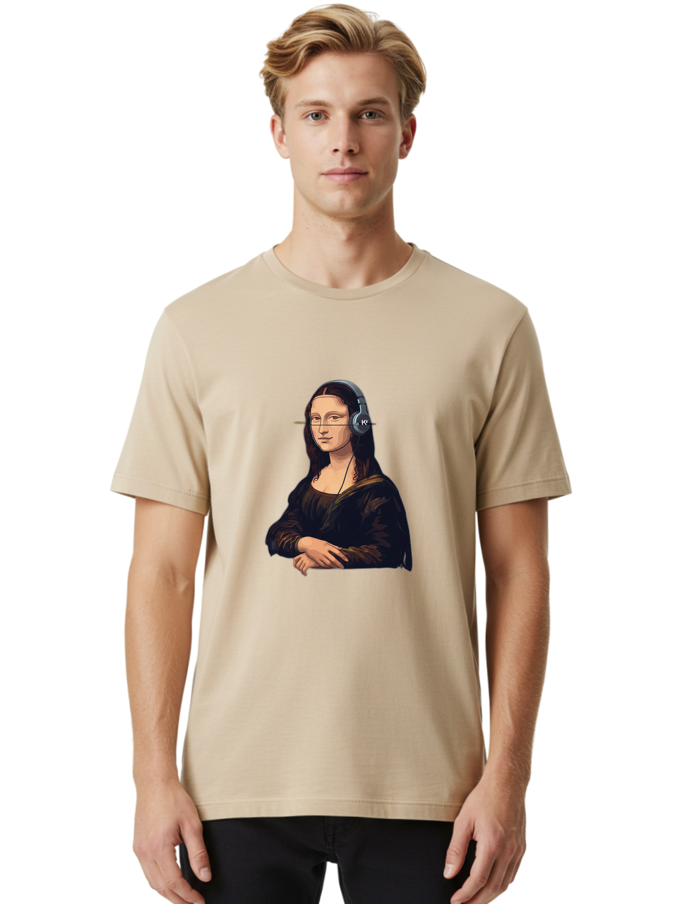 Mona-Lisa-With-Headphones-5 Men'S Graphic Tee, 100% Cotton, Comfortable Casual Summer Wear, Machine Washable, Vintage Camera, Old Camera, Antique Camera, Black Camera, Classic Photography, Photography Equipment, Nostalgic Device, Film Camera, Bam911