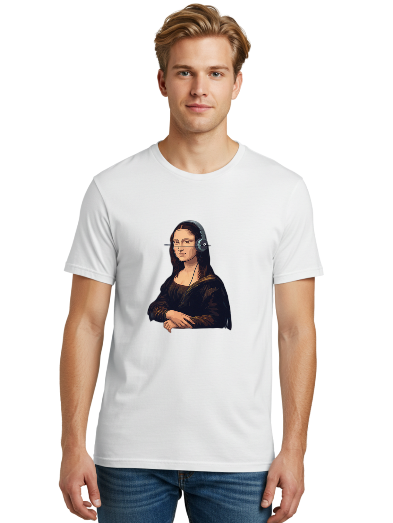 Mona-Lisa-With-Headphones-5 Men'S Graphic Tee, 100% Cotton, Comfortable Casual Summer Wear, Machine Washable, Vintage Camera, Old Camera, Antique Camera, Black Camera, Classic Photography, Photography Equipment, Nostalgic Device, Film Camera, Bam911