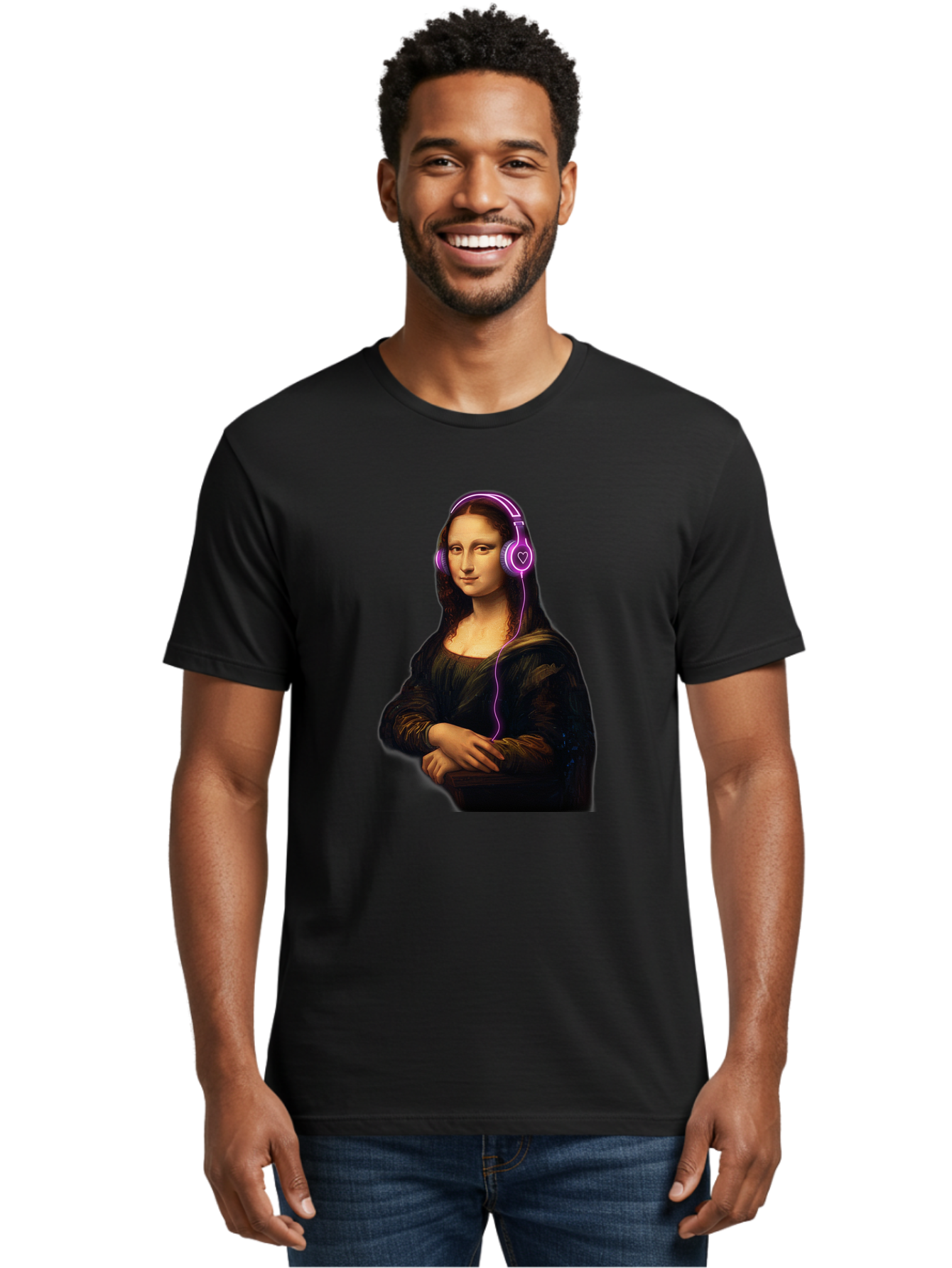Mona-Lisa-With-Headphones Men'S Graphic Tee, 100% Cotton, Comfortable Casual Summer Wear, Machine Washable, Vintage Camera, Old Camera, Antique Camera, Black Camera, Classic Photography, Photography Equipment, Nostalgic Device, Film Camera, Bam912