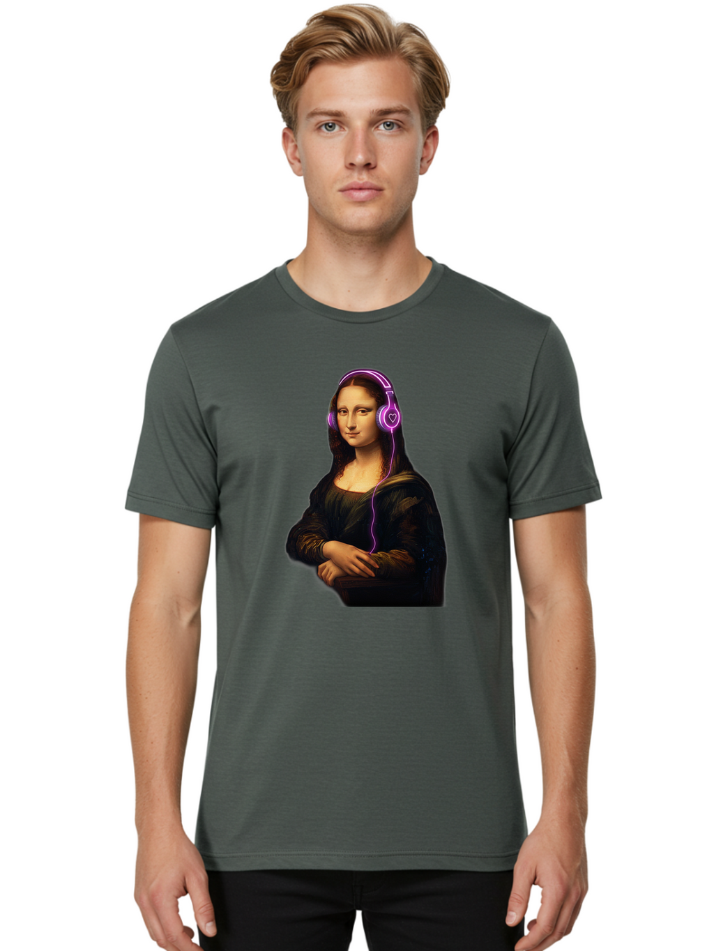 Mona-Lisa-With-Headphones Men'S Graphic Tee, 100% Cotton, Comfortable Casual Summer Wear, Machine Washable, Vintage Camera, Old Camera, Antique Camera, Black Camera, Classic Photography, Photography Equipment, Nostalgic Device, Film Camera, Bam912