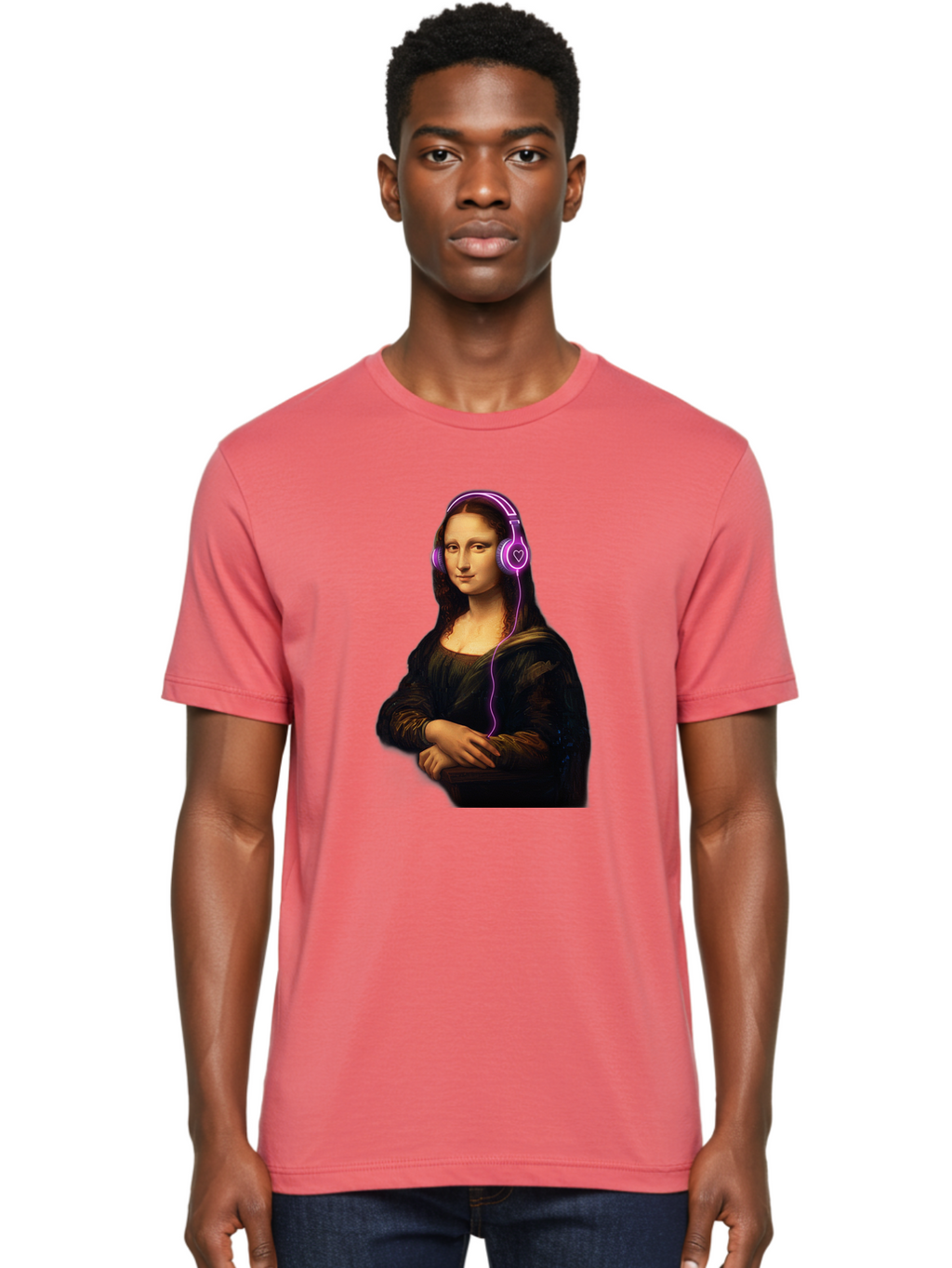 Mona-Lisa-With-Headphones Men'S Graphic Tee, 100% Cotton, Comfortable Casual Summer Wear, Machine Washable, Vintage Camera, Old Camera, Antique Camera, Black Camera, Classic Photography, Photography Equipment, Nostalgic Device, Film Camera, Bam912