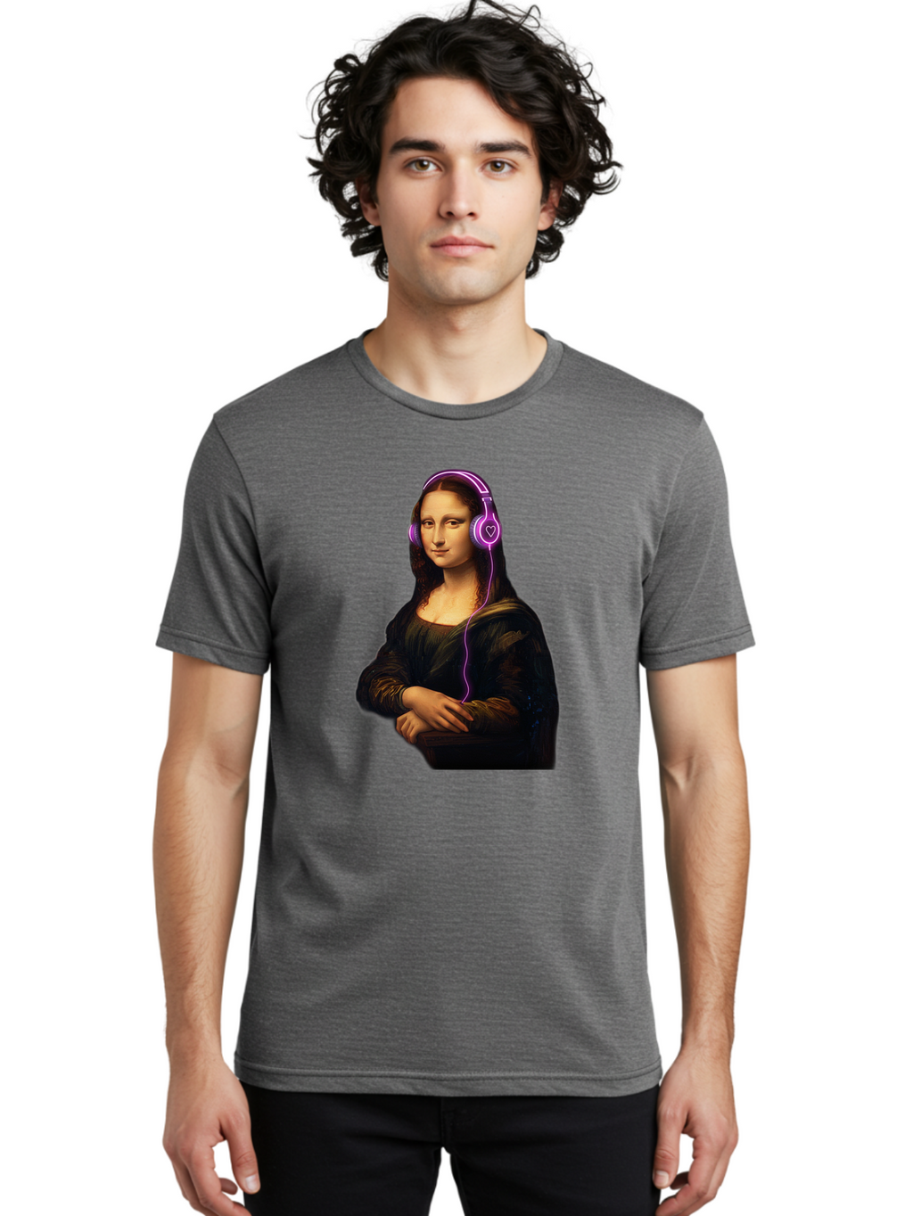 Mona-Lisa-With-Headphones Men'S Graphic Tee, 100% Cotton, Comfortable Casual Summer Wear, Machine Washable, Vintage Camera, Old Camera, Antique Camera, Black Camera, Classic Photography, Photography Equipment, Nostalgic Device, Film Camera, Bam912