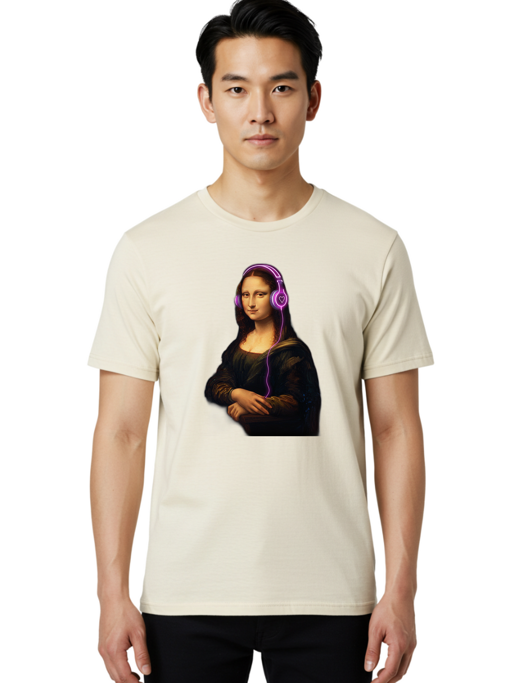 Mona-Lisa-With-Headphones Men'S Graphic Tee, 100% Cotton, Comfortable Casual Summer Wear, Machine Washable, Vintage Camera, Old Camera, Antique Camera, Black Camera, Classic Photography, Photography Equipment, Nostalgic Device, Film Camera, Bam912