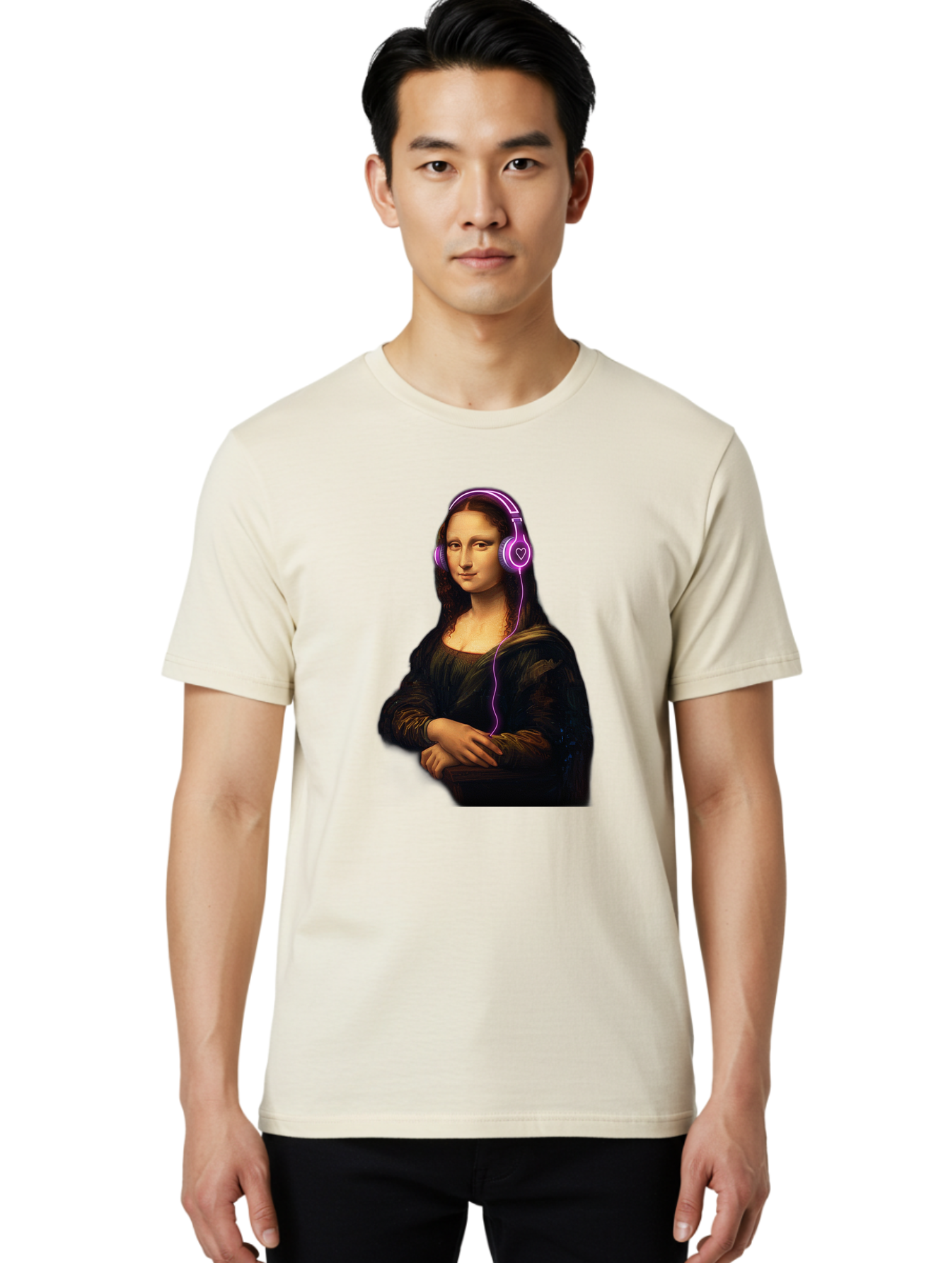Mona-Lisa-With-Headphones Men'S Graphic Tee, 100% Cotton, Comfortable Casual Summer Wear, Machine Washable, Vintage Camera, Old Camera, Antique Camera, Black Camera, Classic Photography, Photography Equipment, Nostalgic Device, Film Camera, Bam912