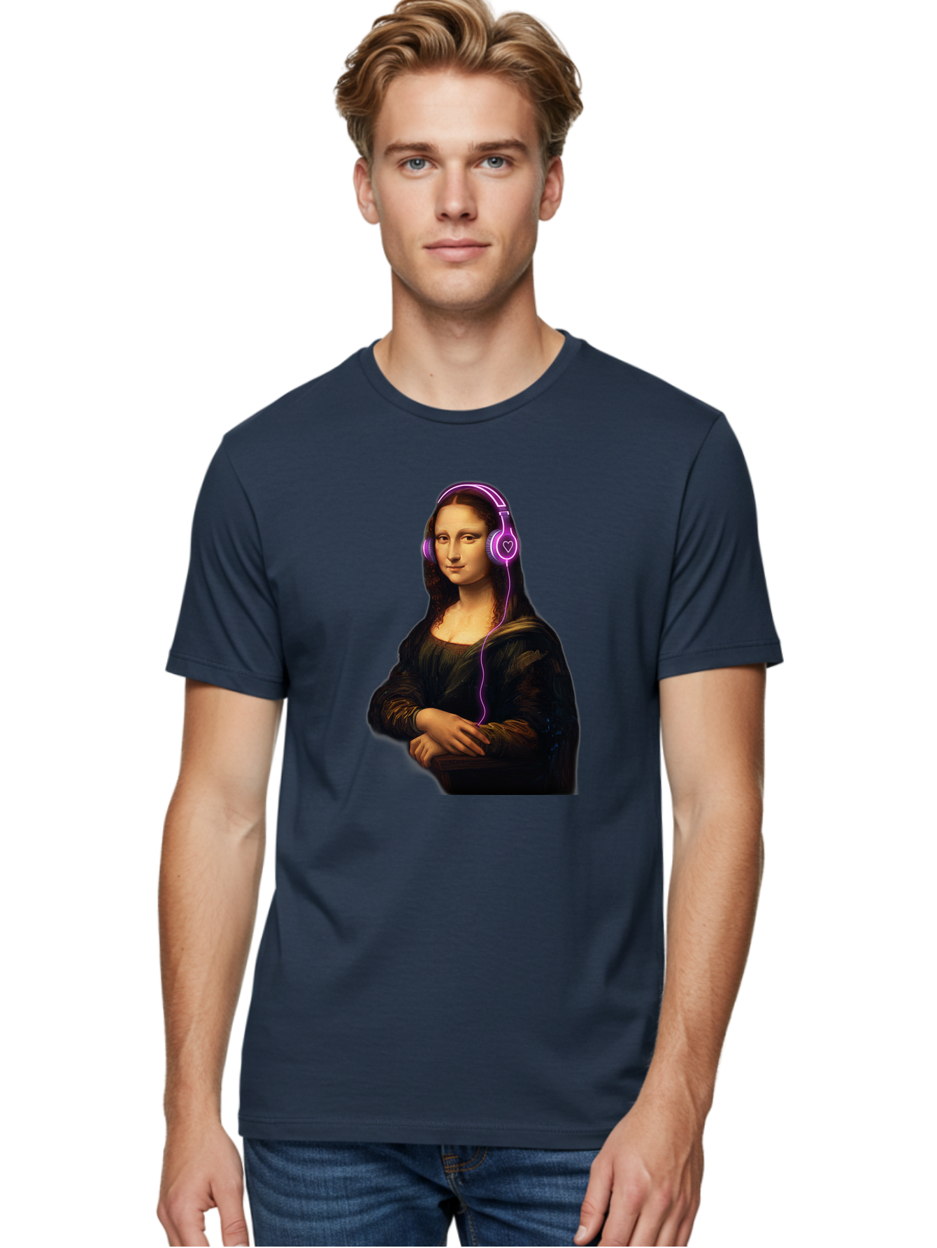 Mona-Lisa-With-Headphones Men'S Graphic Tee, 100% Cotton, Comfortable Casual Summer Wear, Machine Washable, Vintage Camera, Old Camera, Antique Camera, Black Camera, Classic Photography, Photography Equipment, Nostalgic Device, Film Camera, Bam912