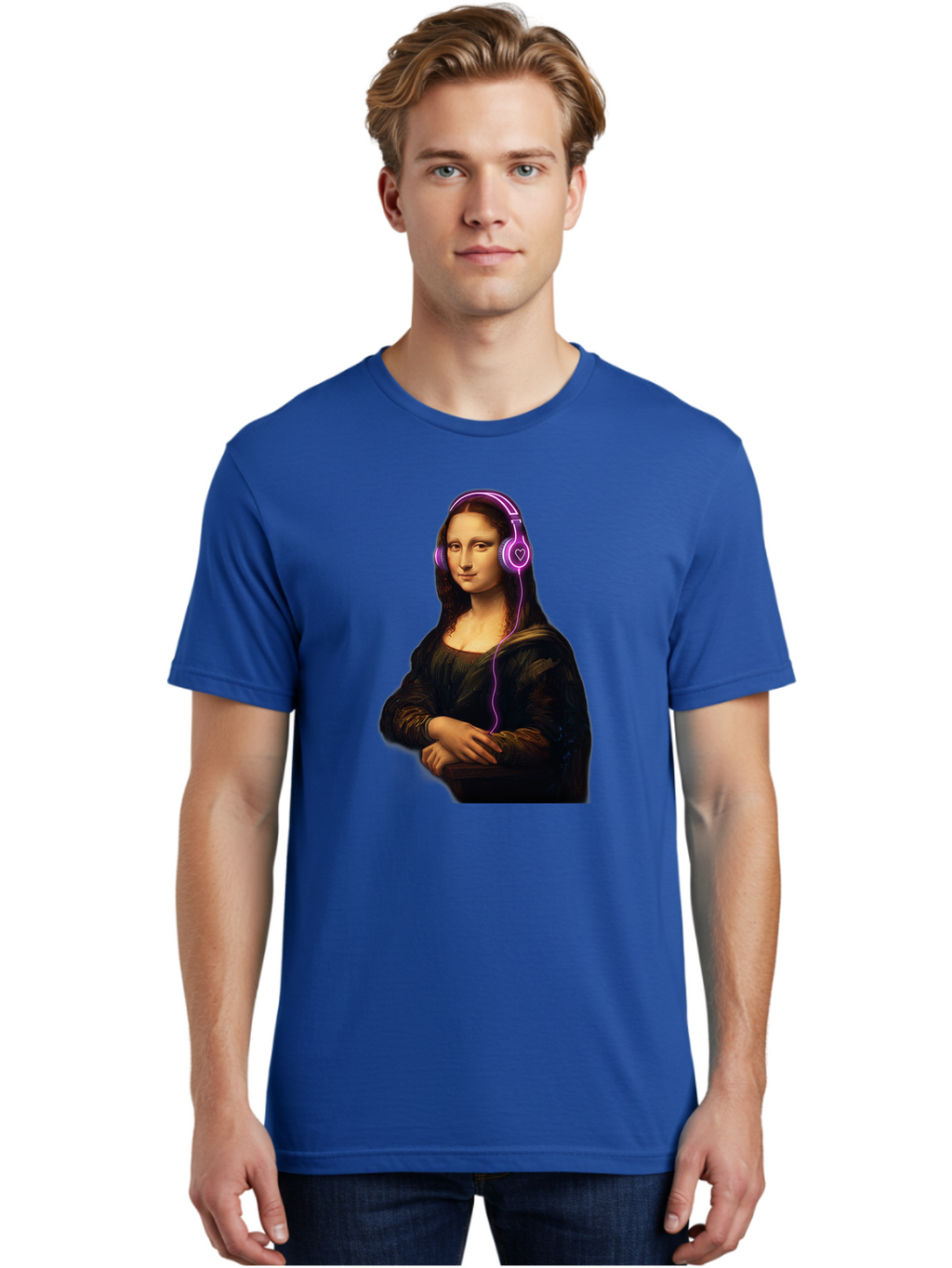 Mona-Lisa-With-Headphones Men'S Graphic Tee, 100% Cotton, Comfortable Casual Summer Wear, Machine Washable, Vintage Camera, Old Camera, Antique Camera, Black Camera, Classic Photography, Photography Equipment, Nostalgic Device, Film Camera, Bam912
