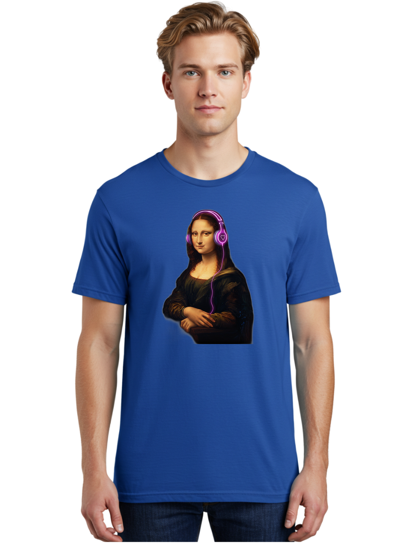 Mona-Lisa-With-Headphones Men'S Graphic Tee, 100% Cotton, Comfortable Casual Summer Wear, Machine Washable, Vintage Camera, Old Camera, Antique Camera, Black Camera, Classic Photography, Photography Equipment, Nostalgic Device, Film Camera, Bam912