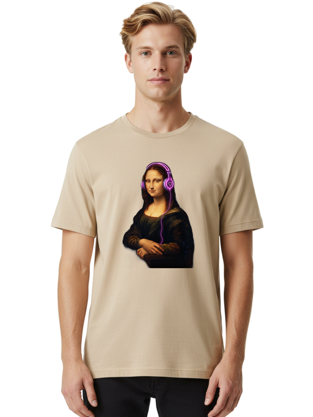 Mona-Lisa-With-Headphones Men'S Graphic Tee, 100% Cotton, Comfortable Casual Summer Wear, Machine Washable, Vintage Camera, Old Camera, Antique Camera, Black Camera, Classic Photography, Photography Equipment, Nostalgic Device, Film Camera, Bam912