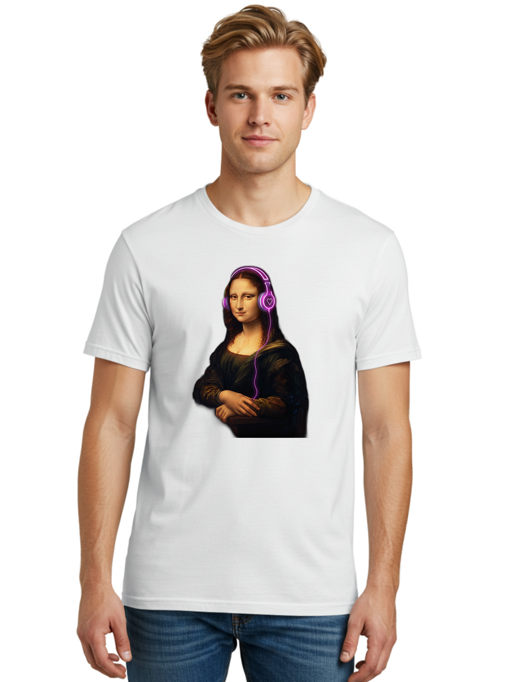 Mona-Lisa-With-Headphones Men'S Graphic Tee, 100% Cotton, Comfortable Casual Summer Wear, Machine Washable, Vintage Camera, Old Camera, Antique Camera, Black Camera, Classic Photography, Photography Equipment, Nostalgic Device, Film Camera, Bam912