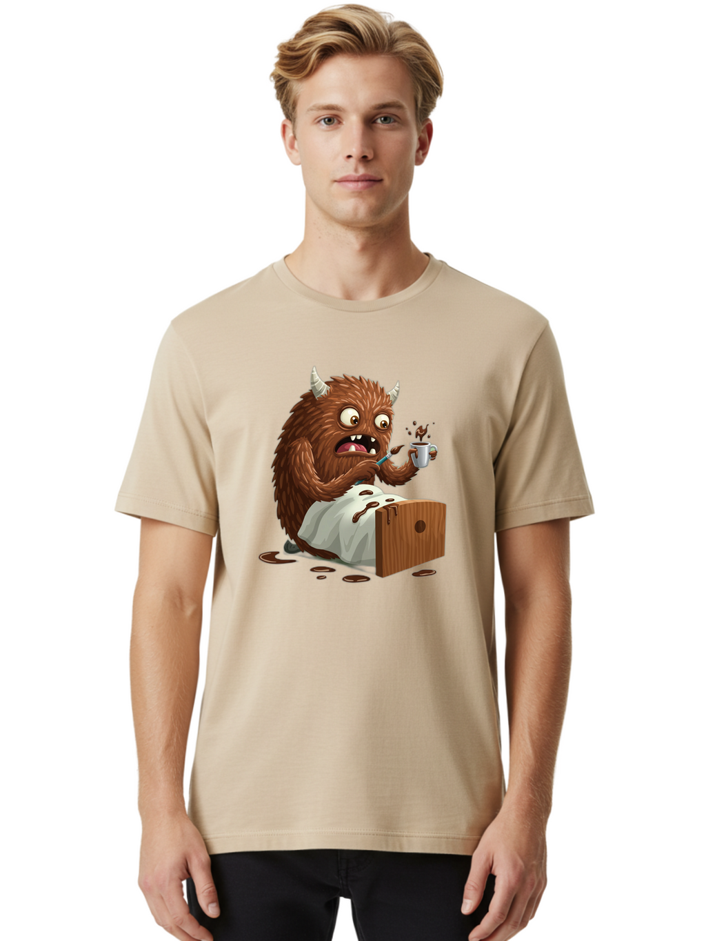 Monster-Drinking-Coffee Men'S Graphic Tee, 100% Cotton, Comfortable Casual Summer Wear, Machine Washable, Vintage Camera, Old Camera, Antique Camera, Black Camera, Classic Photography, Photography Equipment, Nostalgic Device, Film Camera, Bam915