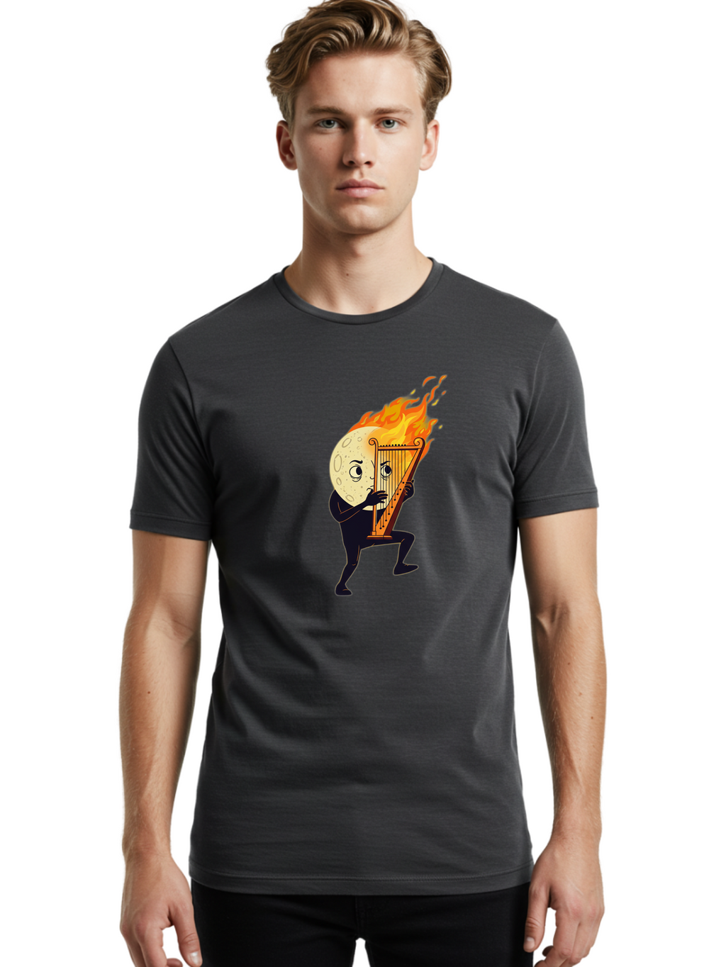 Moon-Playing-Lyre-1 Men'S Graphic Tee, 100% Cotton, Comfortable Casual Summer Wear, Machine Washable, Vintage Camera, Old Camera, Antique Camera, Black Camera, Classic Photography, Photography Equipment, Nostalgic Device, Film Camera, Bam923