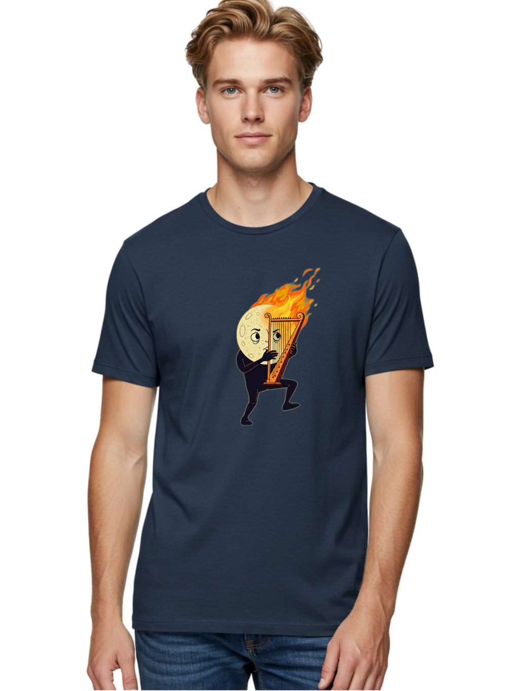 Moon-Playing-Lyre-1 Men'S Graphic Tee, 100% Cotton, Comfortable Casual Summer Wear, Machine Washable, Vintage Camera, Old Camera, Antique Camera, Black Camera, Classic Photography, Photography Equipment, Nostalgic Device, Film Camera, Bam923