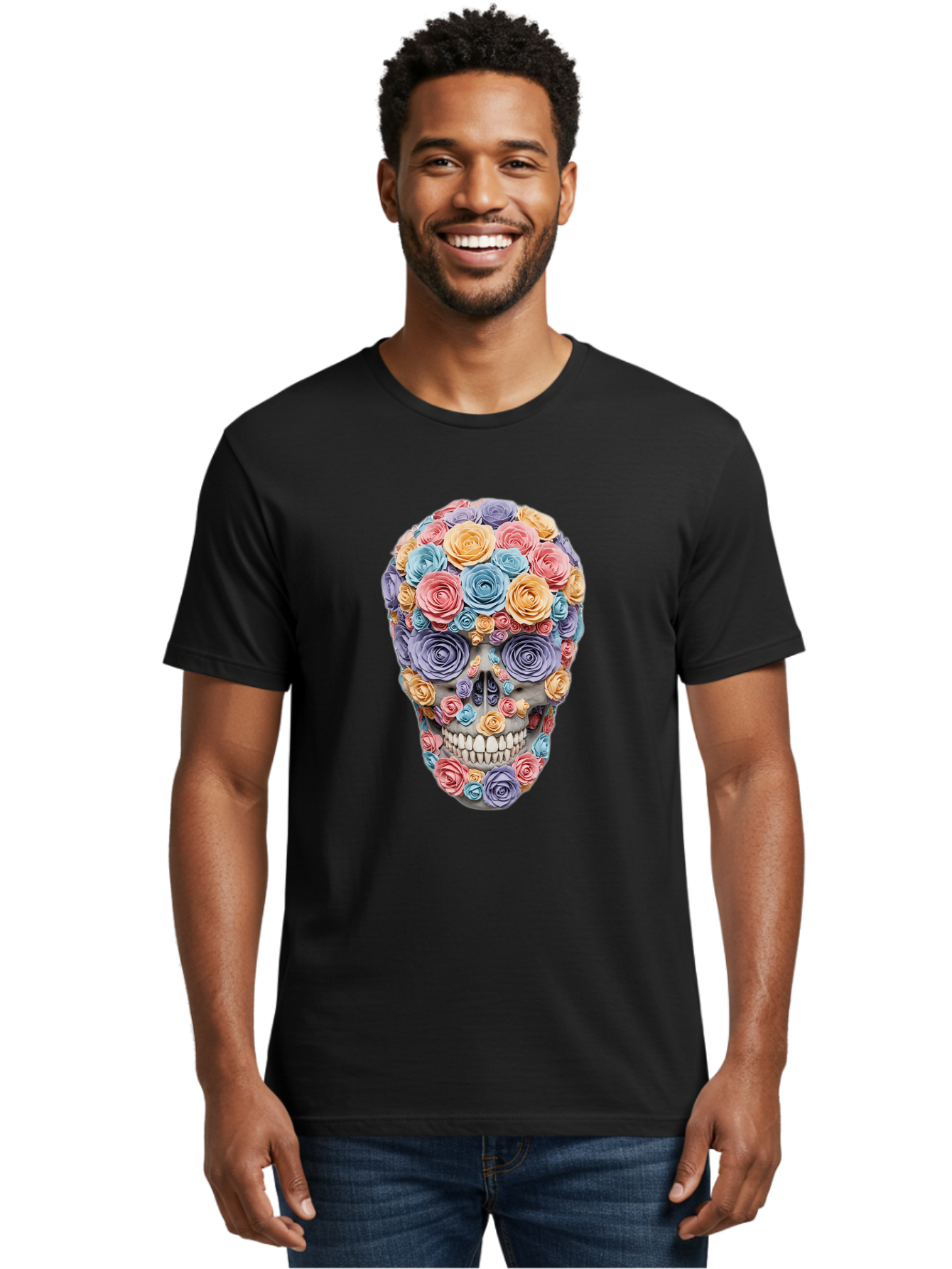 Multicolor-Floral-Skull-1 Men'S Graphic Tee, 100% Cotton, Comfortable Casual Summer Wear, Machine Washable, Vintage Camera, Old Camera, Antique Camera, Black Camera, Classic Photography, Photography Equipment, Nostalgic Device, Film Camera, Bam957