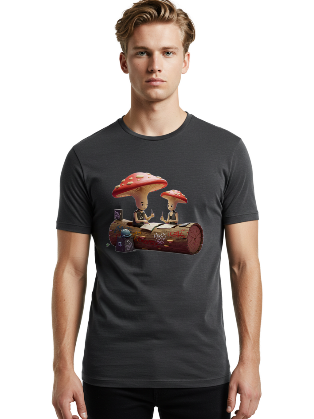 Mushroom-Characters-Studying Men'S Graphic Tee, 100% Cotton, Comfortable Casual Summer Wear, Machine Washable, Vintage Camera, Old Camera, Antique Camera, Black Camera, Classic Photography, Photography Equipment, Nostalgic Device, Film Camera, Bam959