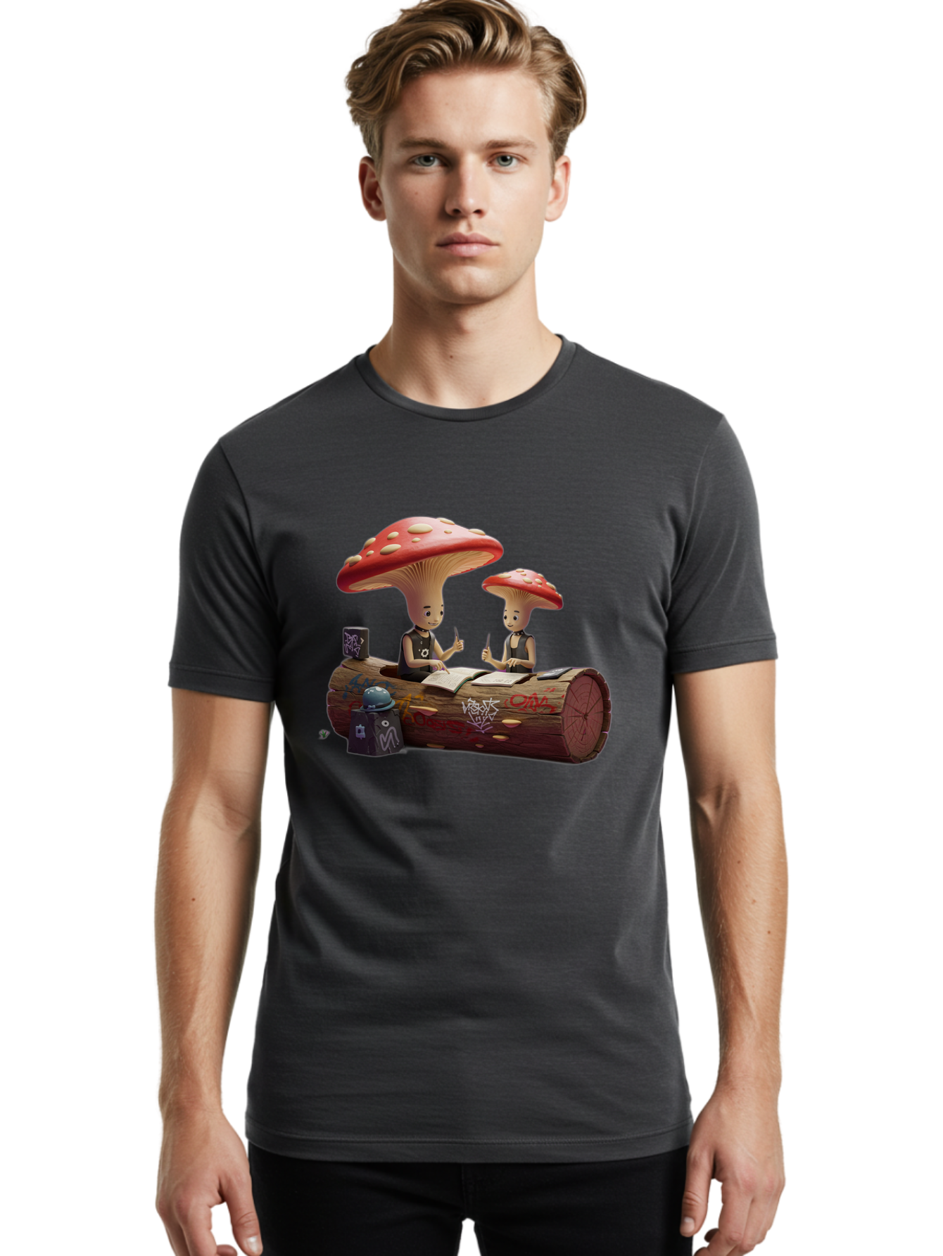Mushroom-Characters-Studying Men'S Graphic Tee, 100% Cotton, Comfortable Casual Summer Wear, Machine Washable, Vintage Camera, Old Camera, Antique Camera, Black Camera, Classic Photography, Photography Equipment, Nostalgic Device, Film Camera, Bam959