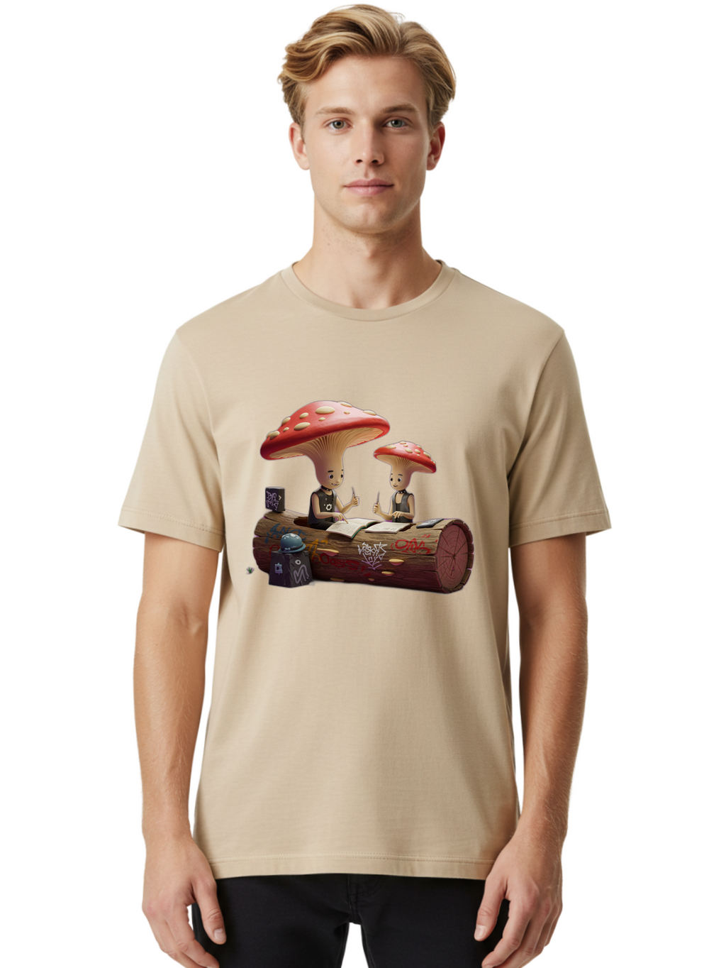Mushroom-Characters-Studying Men'S Graphic Tee, 100% Cotton, Comfortable Casual Summer Wear, Machine Washable, Vintage Camera, Old Camera, Antique Camera, Black Camera, Classic Photography, Photography Equipment, Nostalgic Device, Film Camera, Bam959