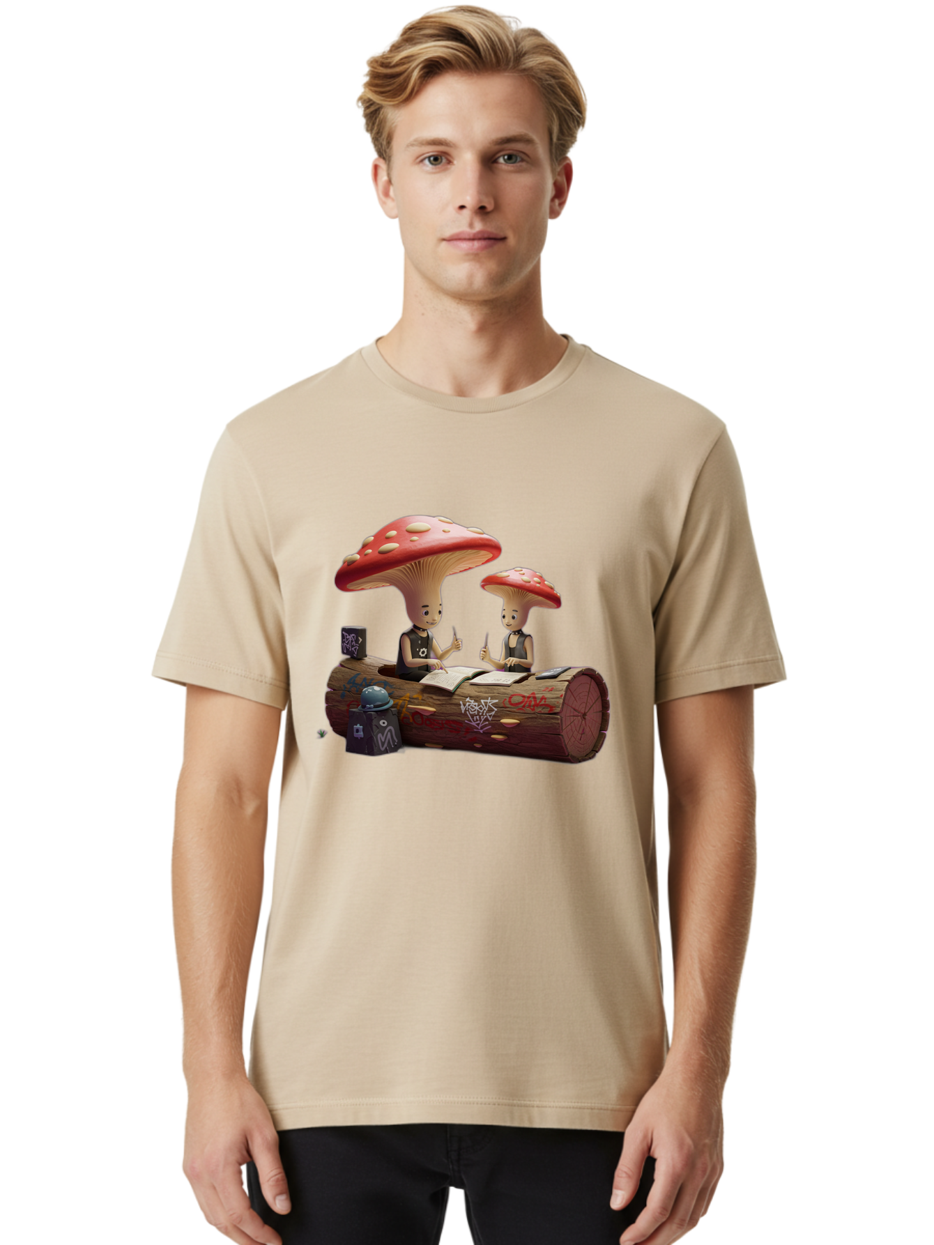 Mushroom-Characters-Studying Men'S Graphic Tee, 100% Cotton, Comfortable Casual Summer Wear, Machine Washable, Vintage Camera, Old Camera, Antique Camera, Black Camera, Classic Photography, Photography Equipment, Nostalgic Device, Film Camera, Bam959