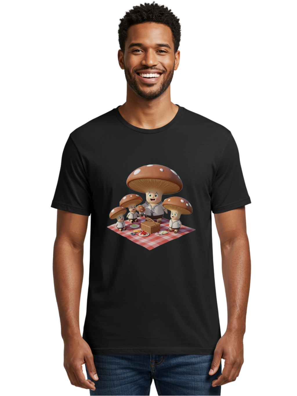 Mushroom-Family-Picnic-1 Men'S Graphic Tee, 100% Cotton, Comfortable Casual Summer Wear, Machine Washable, Vintage Camera, Old Camera, Antique Camera, Black Camera, Classic Photography, Photography Equipment, Nostalgic Device, Film Camera, Bam961