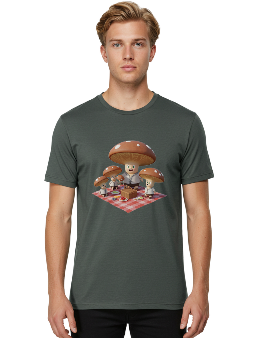 Mushroom-Family-Picnic-1 Men'S Graphic Tee, 100% Cotton, Comfortable Casual Summer Wear, Machine Washable, Vintage Camera, Old Camera, Antique Camera, Black Camera, Classic Photography, Photography Equipment, Nostalgic Device, Film Camera, Bam961