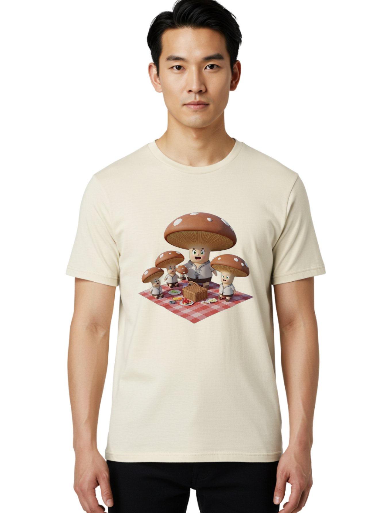 Mushroom-Family-Picnic-1 Men'S Graphic Tee, 100% Cotton, Comfortable Casual Summer Wear, Machine Washable, Vintage Camera, Old Camera, Antique Camera, Black Camera, Classic Photography, Photography Equipment, Nostalgic Device, Film Camera, Bam961
