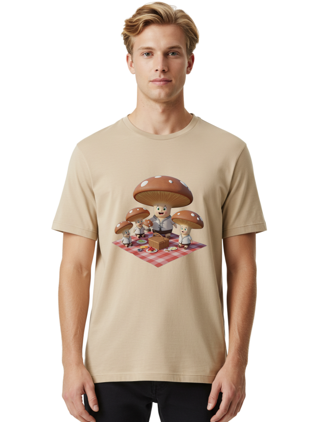Mushroom-Family-Picnic-1 Men'S Graphic Tee, 100% Cotton, Comfortable Casual Summer Wear, Machine Washable, Vintage Camera, Old Camera, Antique Camera, Black Camera, Classic Photography, Photography Equipment, Nostalgic Device, Film Camera, Bam961
