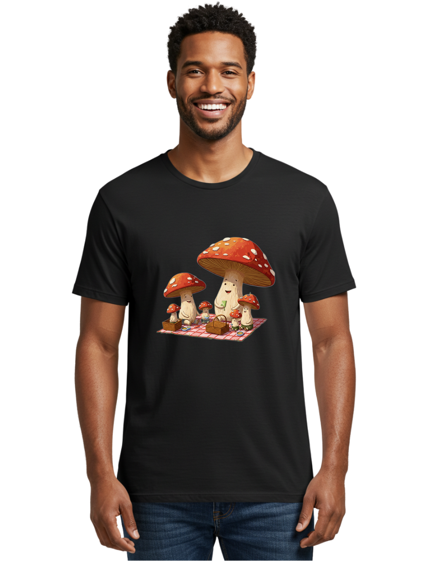 Mushroom-Family-Picnic-2 Men'S Graphic Tee, 100% Cotton, Comfortable Casual Summer Wear, Machine Washable, Vintage Camera, Old Camera, Antique Camera, Black Camera, Classic Photography, Photography Equipment, Nostalgic Device, Film Camera, Bam962