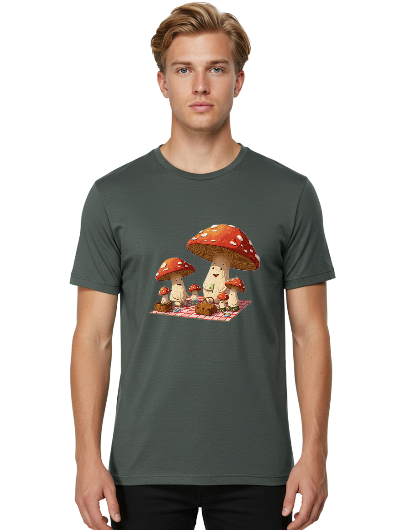 Mushroom-Family-Picnic-2 Men'S Graphic Tee, 100% Cotton, Comfortable Casual Summer Wear, Machine Washable, Vintage Camera, Old Camera, Antique Camera, Black Camera, Classic Photography, Photography Equipment, Nostalgic Device, Film Camera, Bam962