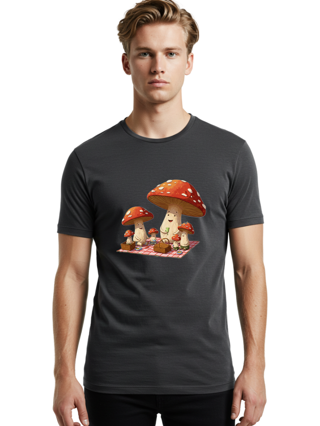 Mushroom-Family-Picnic-2 Men'S Graphic Tee, 100% Cotton, Comfortable Casual Summer Wear, Machine Washable, Vintage Camera, Old Camera, Antique Camera, Black Camera, Classic Photography, Photography Equipment, Nostalgic Device, Film Camera, Bam962