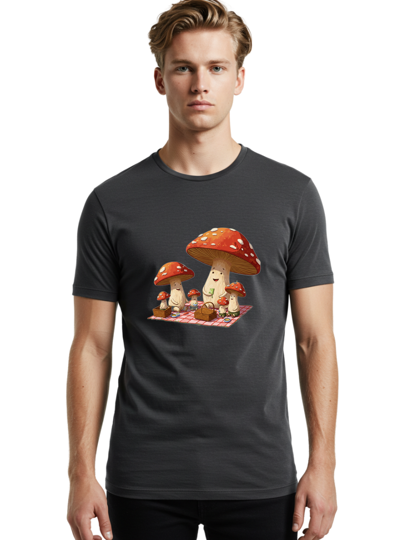 Mushroom-Family-Picnic-2 Men'S Graphic Tee, 100% Cotton, Comfortable Casual Summer Wear, Machine Washable, Vintage Camera, Old Camera, Antique Camera, Black Camera, Classic Photography, Photography Equipment, Nostalgic Device, Film Camera, Bam962