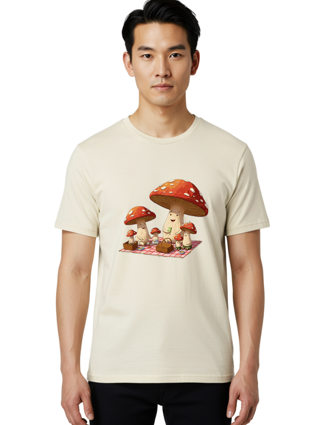 Mushroom-Family-Picnic-2 Men'S Graphic Tee, 100% Cotton, Comfortable Casual Summer Wear, Machine Washable, Vintage Camera, Old Camera, Antique Camera, Black Camera, Classic Photography, Photography Equipment, Nostalgic Device, Film Camera, Bam962