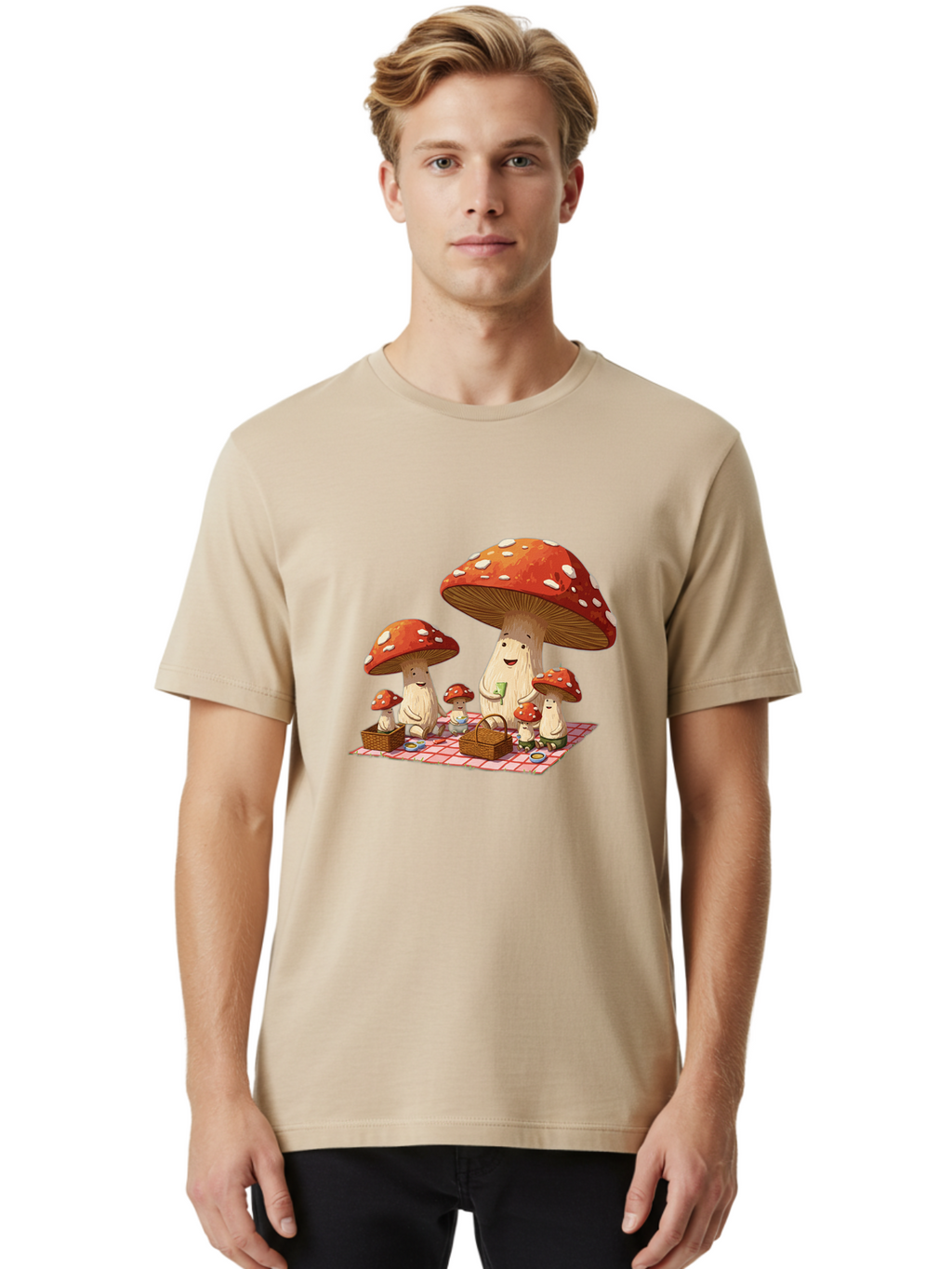 Mushroom-Family-Picnic-2 Men'S Graphic Tee, 100% Cotton, Comfortable Casual Summer Wear, Machine Washable, Vintage Camera, Old Camera, Antique Camera, Black Camera, Classic Photography, Photography Equipment, Nostalgic Device, Film Camera, Bam962