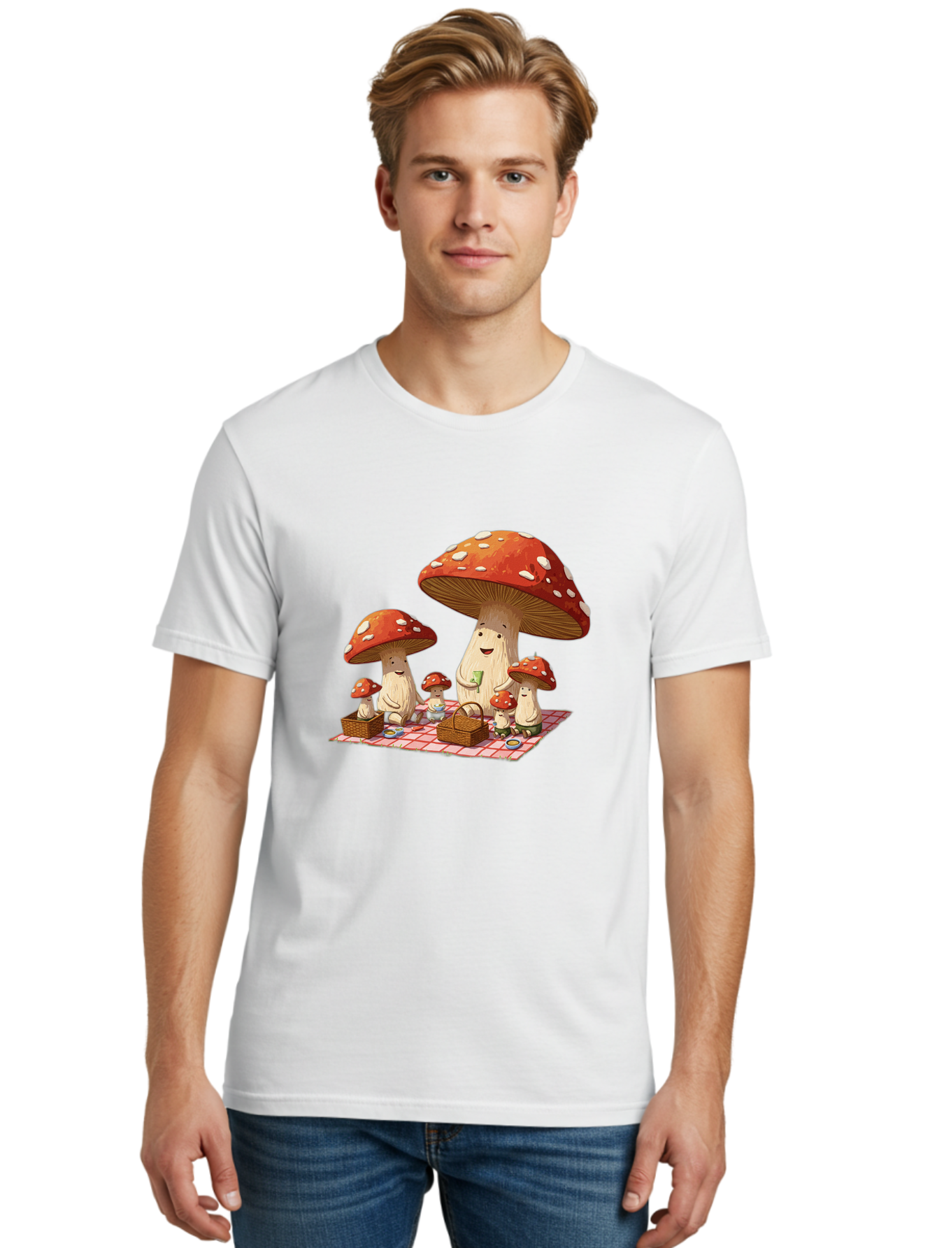 Mushroom-Family-Picnic-2 Men'S Graphic Tee, 100% Cotton, Comfortable Casual Summer Wear, Machine Washable, Vintage Camera, Old Camera, Antique Camera, Black Camera, Classic Photography, Photography Equipment, Nostalgic Device, Film Camera, Bam962
