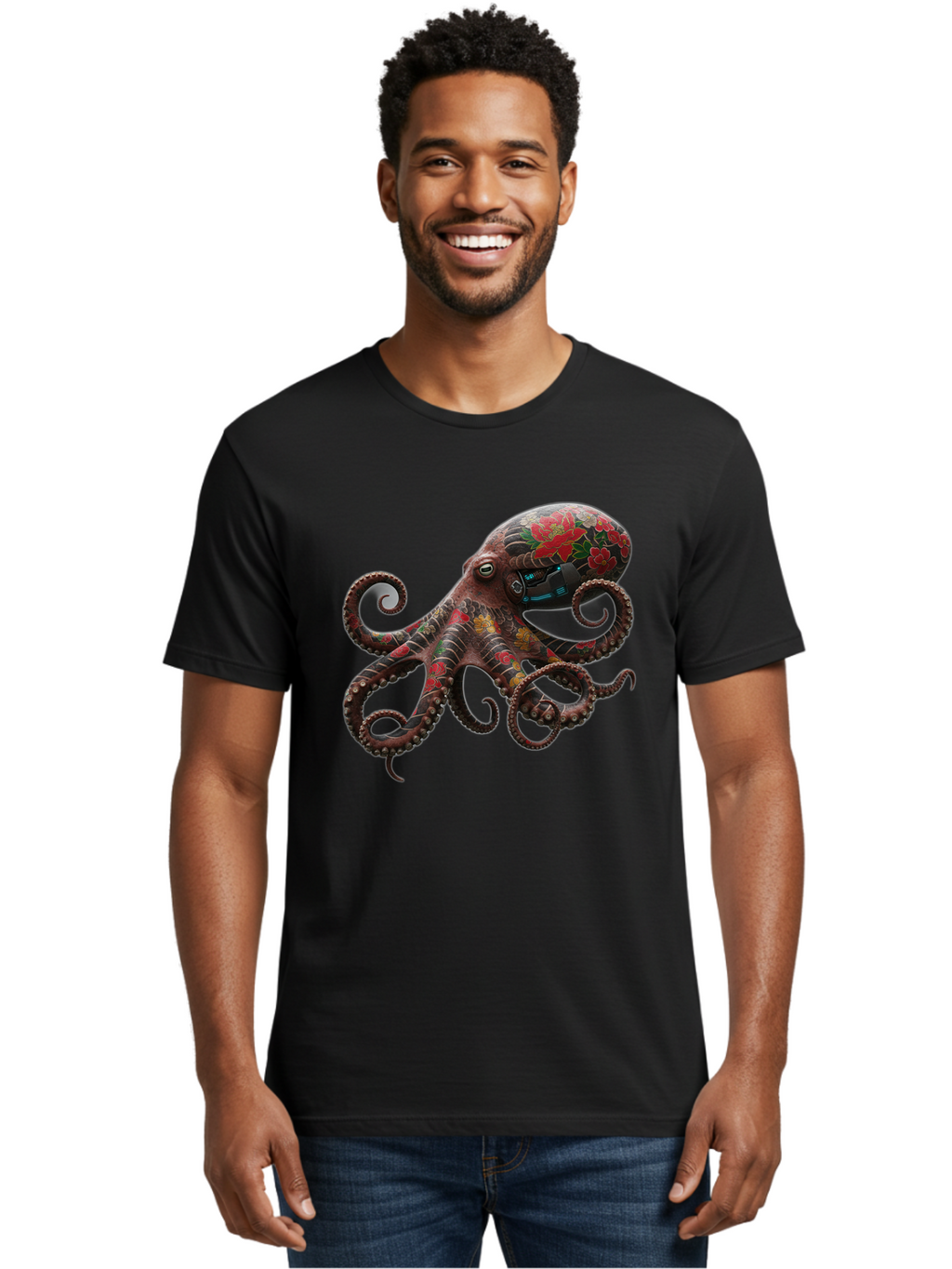 Octopus-With-Floral-Pattern Men'S Graphic Tee, 100% Cotton, Comfortable Casual Summer Wear, Machine Washable, Vintage Camera, Old Camera, Antique Camera, Black Camera, Classic Photography, Photography Equipment, Nostalgic Device, Film Camera, Bam996