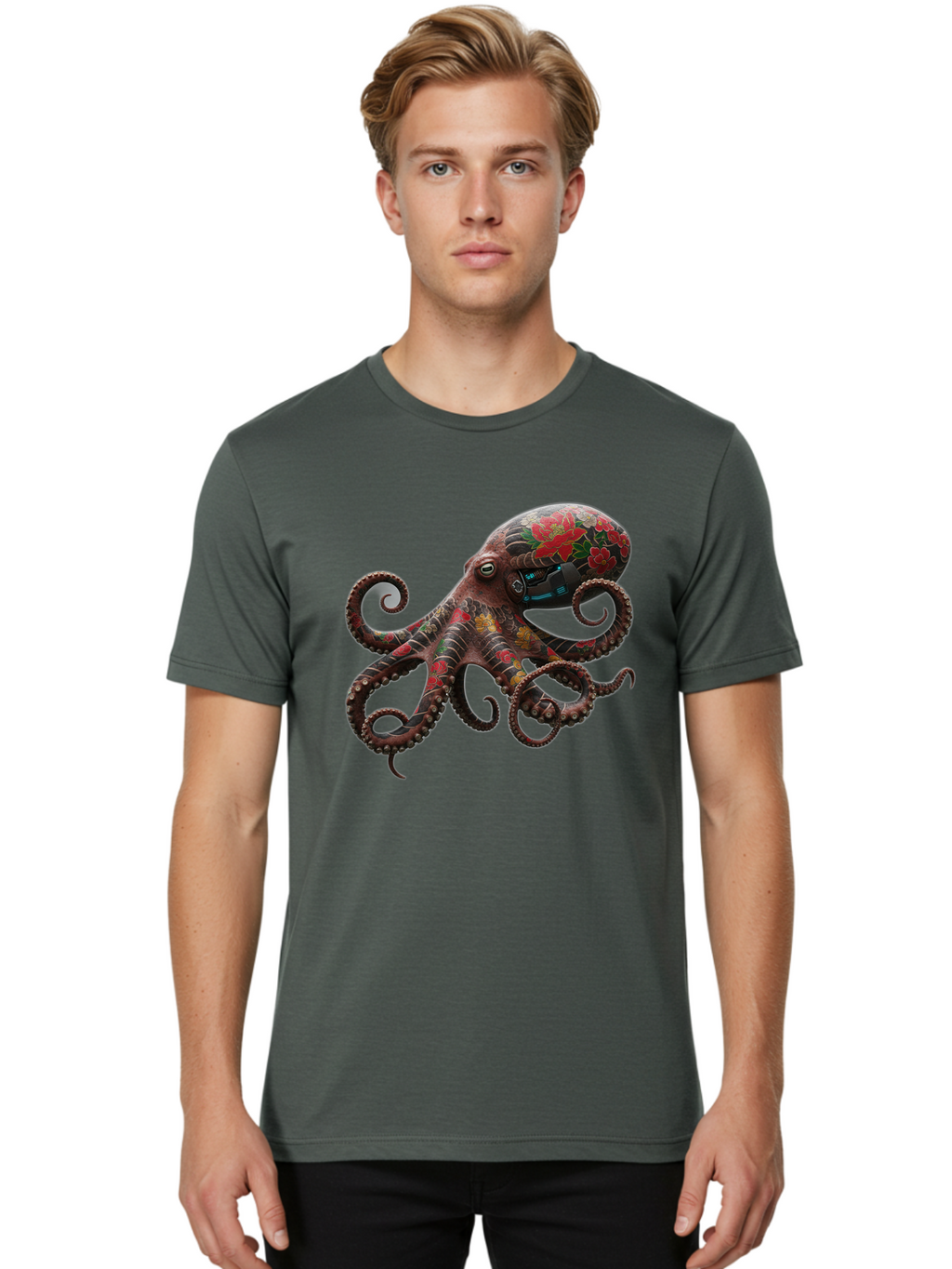 Octopus-With-Floral-Pattern Men'S Graphic Tee, 100% Cotton, Comfortable Casual Summer Wear, Machine Washable, Vintage Camera, Old Camera, Antique Camera, Black Camera, Classic Photography, Photography Equipment, Nostalgic Device, Film Camera, Bam996