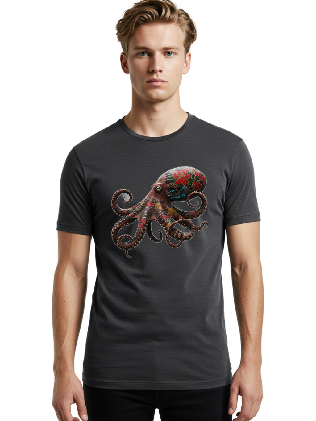 Octopus-With-Floral-Pattern Men'S Graphic Tee, 100% Cotton, Comfortable Casual Summer Wear, Machine Washable, Vintage Camera, Old Camera, Antique Camera, Black Camera, Classic Photography, Photography Equipment, Nostalgic Device, Film Camera, Bam996