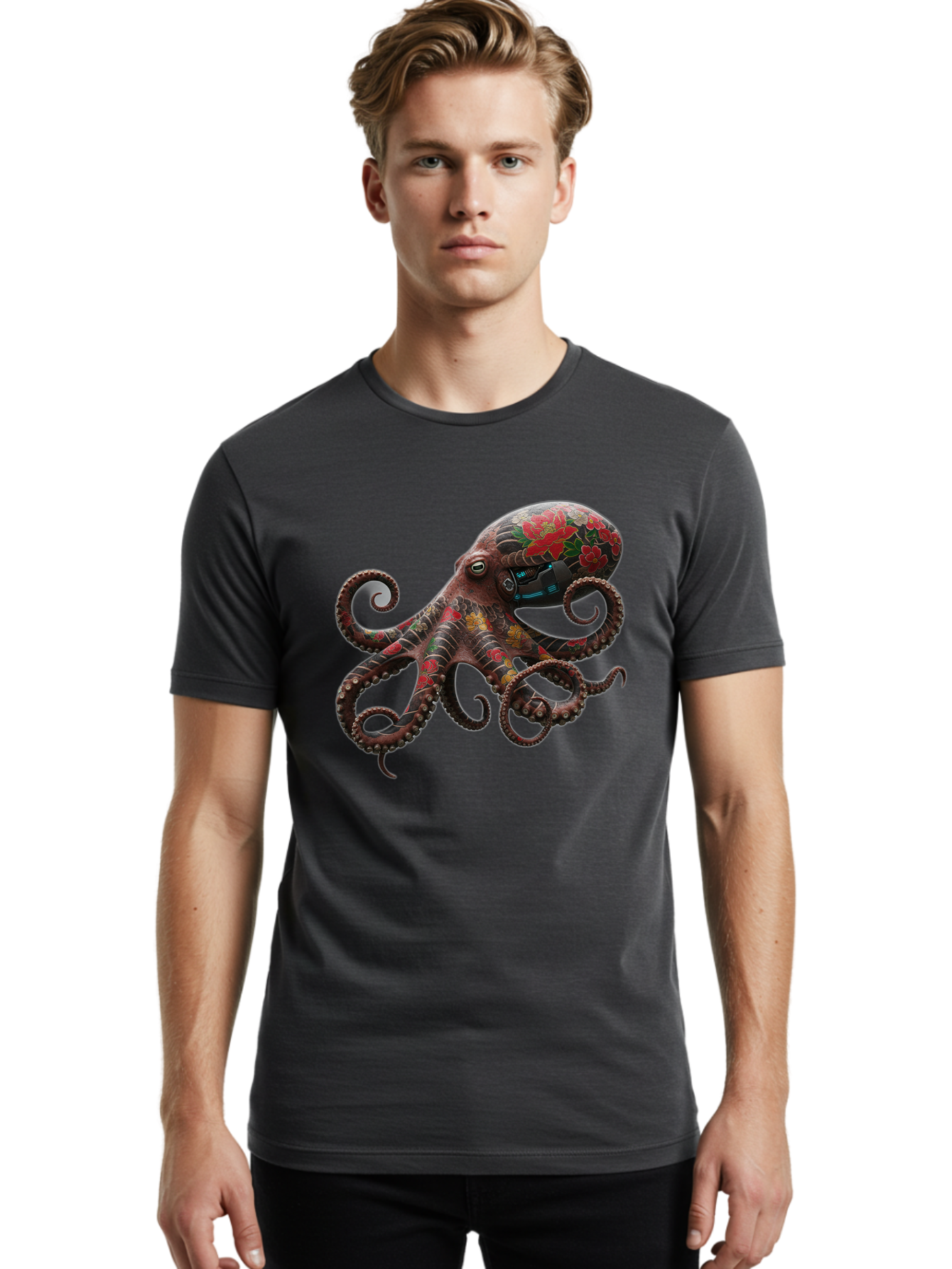 Octopus-With-Floral-Pattern Men'S Graphic Tee, 100% Cotton, Comfortable Casual Summer Wear, Machine Washable, Vintage Camera, Old Camera, Antique Camera, Black Camera, Classic Photography, Photography Equipment, Nostalgic Device, Film Camera, Bam996