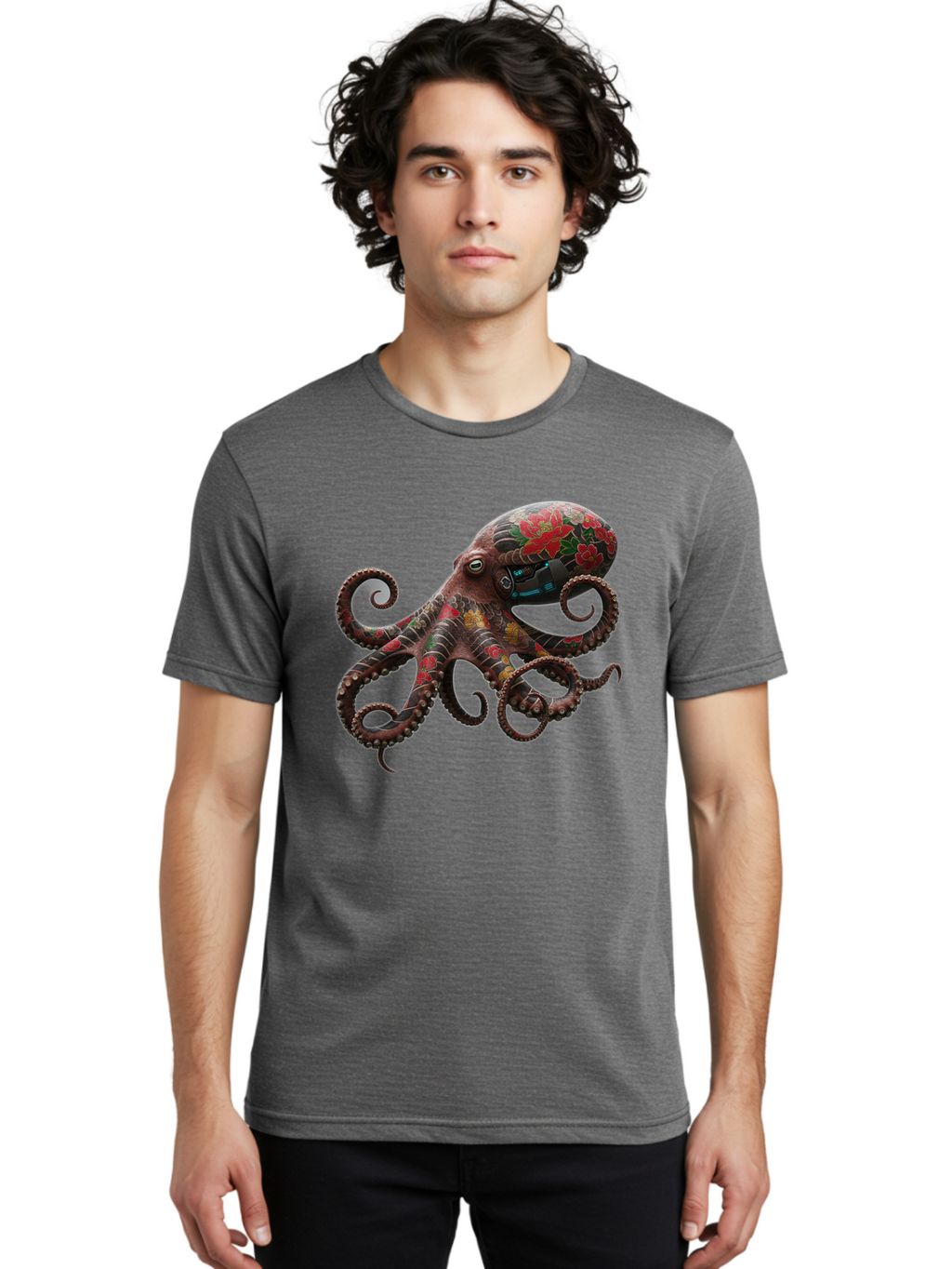 Octopus-With-Floral-Pattern Men'S Graphic Tee, 100% Cotton, Comfortable Casual Summer Wear, Machine Washable, Vintage Camera, Old Camera, Antique Camera, Black Camera, Classic Photography, Photography Equipment, Nostalgic Device, Film Camera, Bam996