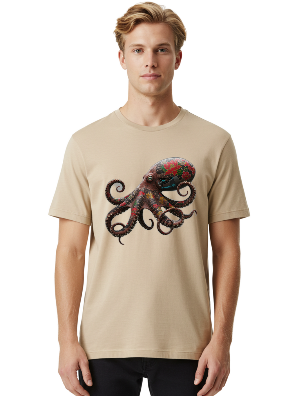 Octopus-With-Floral-Pattern Men'S Graphic Tee, 100% Cotton, Comfortable Casual Summer Wear, Machine Washable, Vintage Camera, Old Camera, Antique Camera, Black Camera, Classic Photography, Photography Equipment, Nostalgic Device, Film Camera, Bam996
