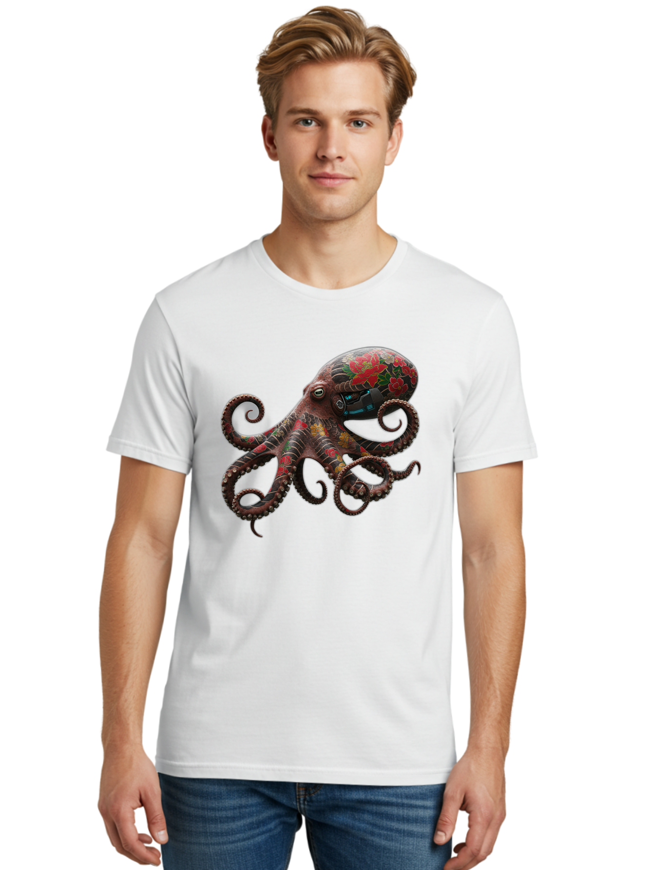 Octopus-With-Floral-Pattern Men'S Graphic Tee, 100% Cotton, Comfortable Casual Summer Wear, Machine Washable, Vintage Camera, Old Camera, Antique Camera, Black Camera, Classic Photography, Photography Equipment, Nostalgic Device, Film Camera, Bam996