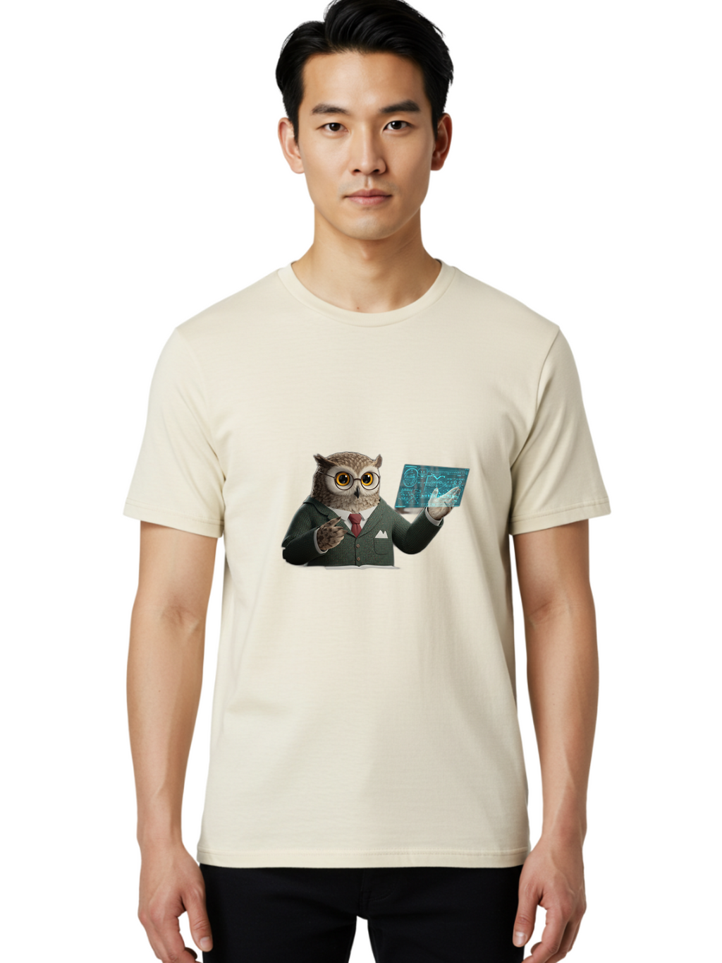 Owl-In-Suit-Holding-Tablet Men'S Graphic Tee, 100% Cotton, Comfortable Casual Summer Wear, Machine Washable, Vintage Camera, Old Camera, Antique Camera, Black Camera, Classic Photography, Photography Equipment, Nostalgic Device, Film Camera, Ban016