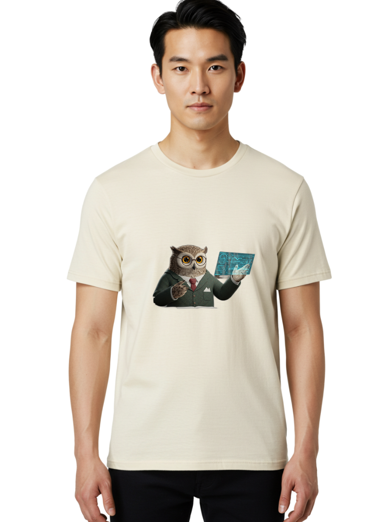 Owl-In-Suit-Holding-Tablet Men'S Graphic Tee, 100% Cotton, Comfortable Casual Summer Wear, Machine Washable, Vintage Camera, Old Camera, Antique Camera, Black Camera, Classic Photography, Photography Equipment, Nostalgic Device, Film Camera, Ban016
