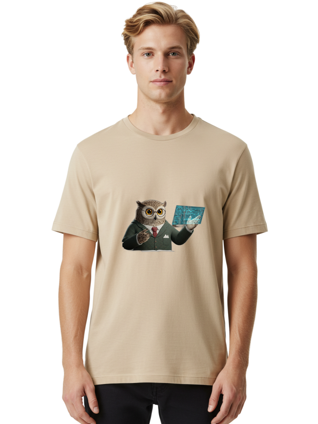 Owl-In-Suit-Holding-Tablet Men'S Graphic Tee, 100% Cotton, Comfortable Casual Summer Wear, Machine Washable, Vintage Camera, Old Camera, Antique Camera, Black Camera, Classic Photography, Photography Equipment, Nostalgic Device, Film Camera, Ban016