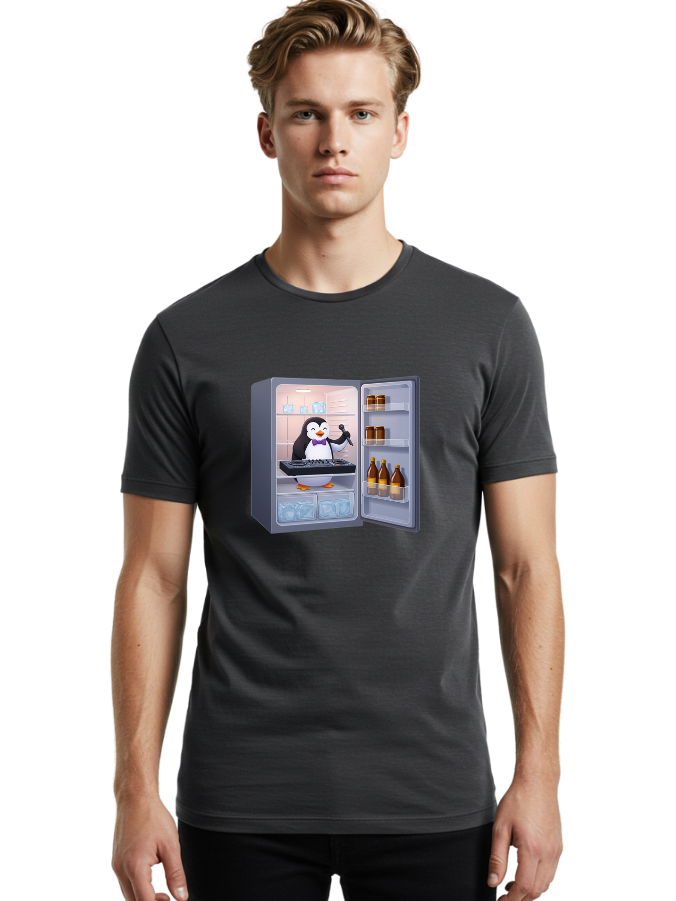 Penguin-Dj-2 Men'S Graphic Tee, 100% Cotton, Comfortable Casual Summer Wear, Machine Washable, Vintage Camera, Old Camera, Antique Camera, Black Camera, Classic Photography, Photography Equipment, Nostalgic Device, Film Camera, Camera Art Ban067