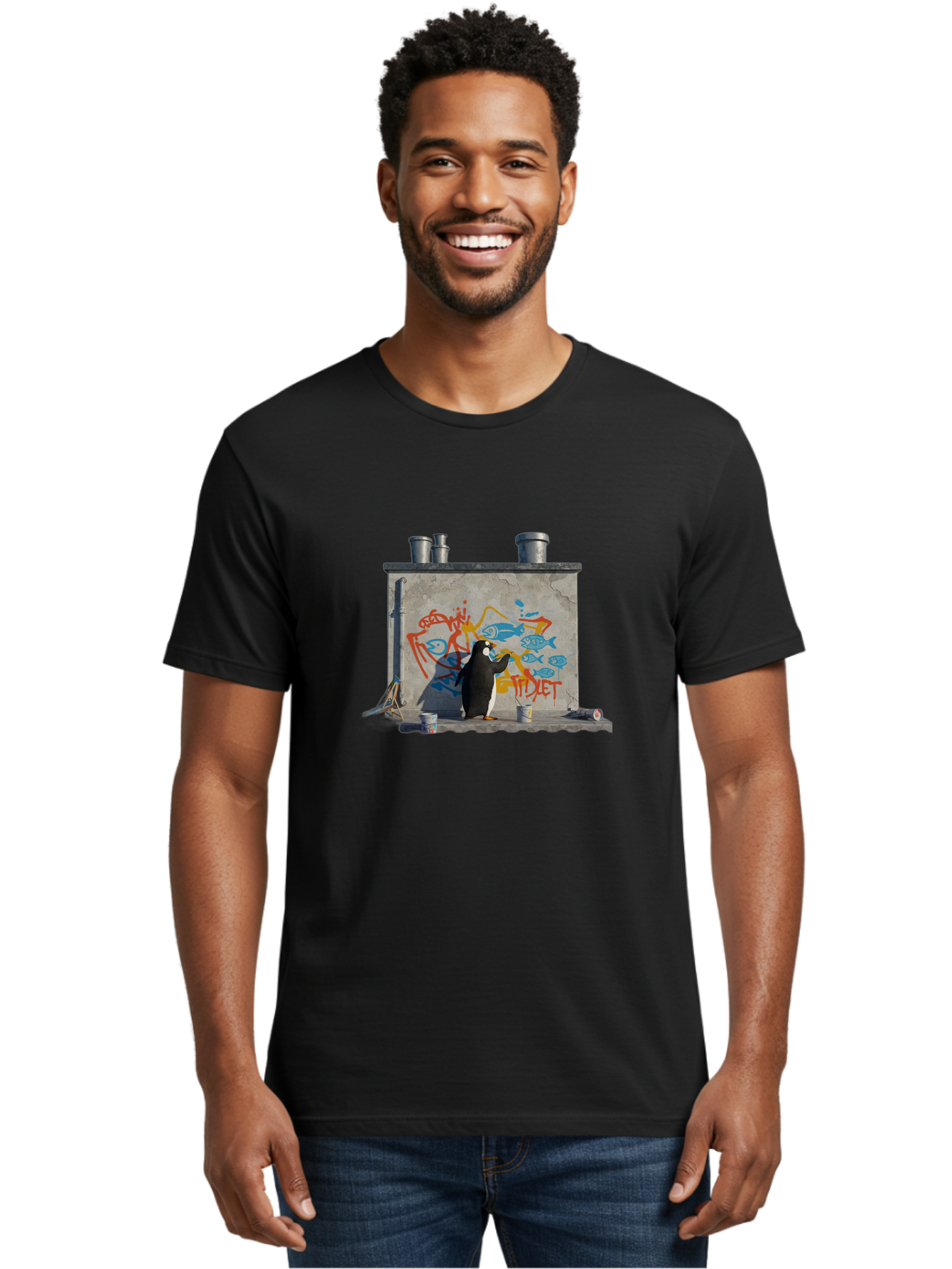 Penguin-Painting-Graffiti Men'S Graphic Tee, 100% Cotton, Comfortable Casual Summer Wear, Machine Washable, Vintage Camera, Old Camera, Antique Camera, Black Camera, Classic Photography, Photography Equipment, Nostalgic Device, Film Camera, Ban078