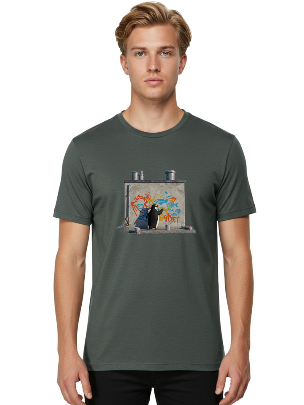 Penguin-Painting-Graffiti Men'S Graphic Tee, 100% Cotton, Comfortable Casual Summer Wear, Machine Washable, Vintage Camera, Old Camera, Antique Camera, Black Camera, Classic Photography, Photography Equipment, Nostalgic Device, Film Camera, Ban078