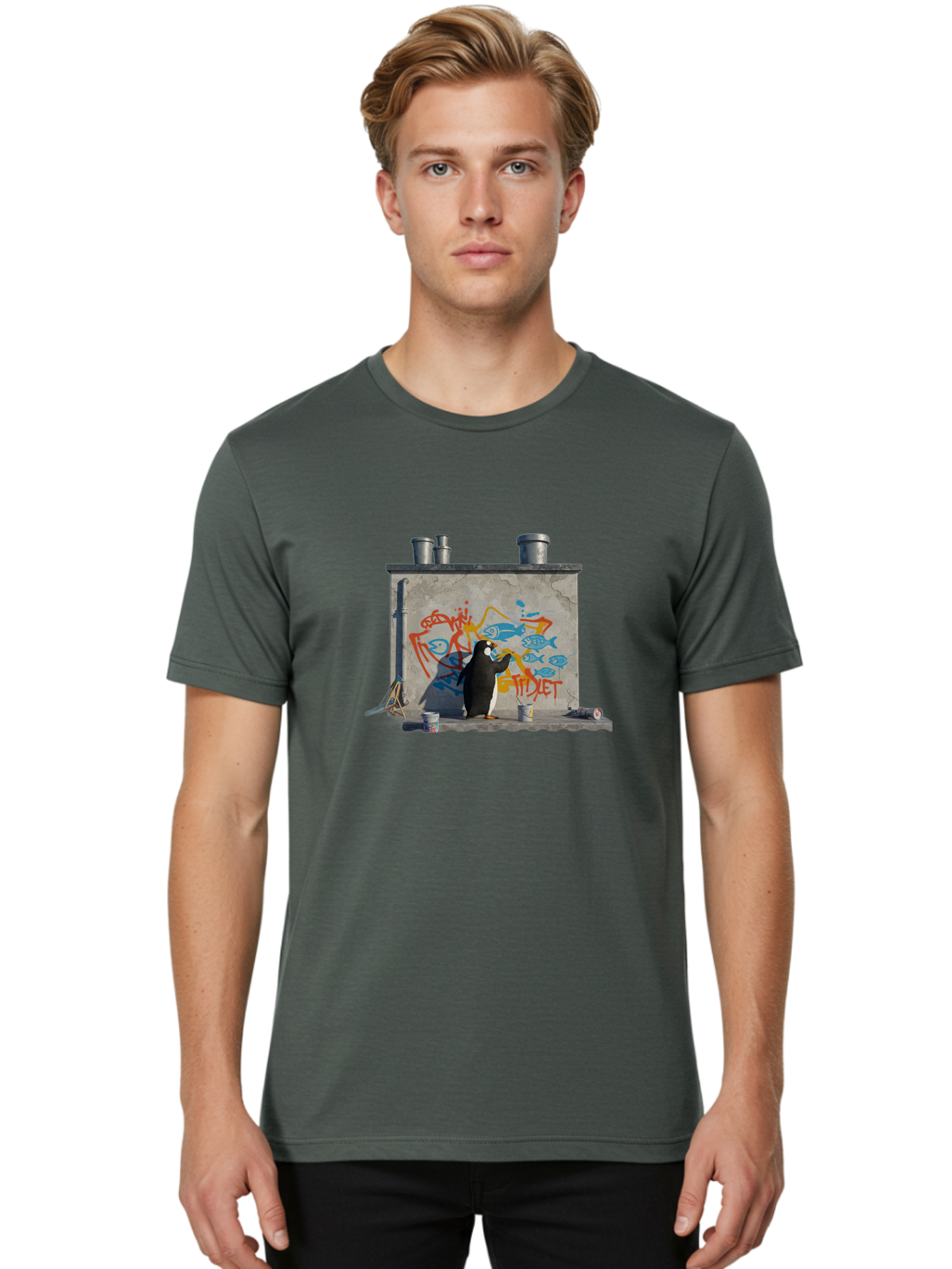Penguin-Painting-Graffiti Men'S Graphic Tee, 100% Cotton, Comfortable Casual Summer Wear, Machine Washable, Vintage Camera, Old Camera, Antique Camera, Black Camera, Classic Photography, Photography Equipment, Nostalgic Device, Film Camera, Ban078
